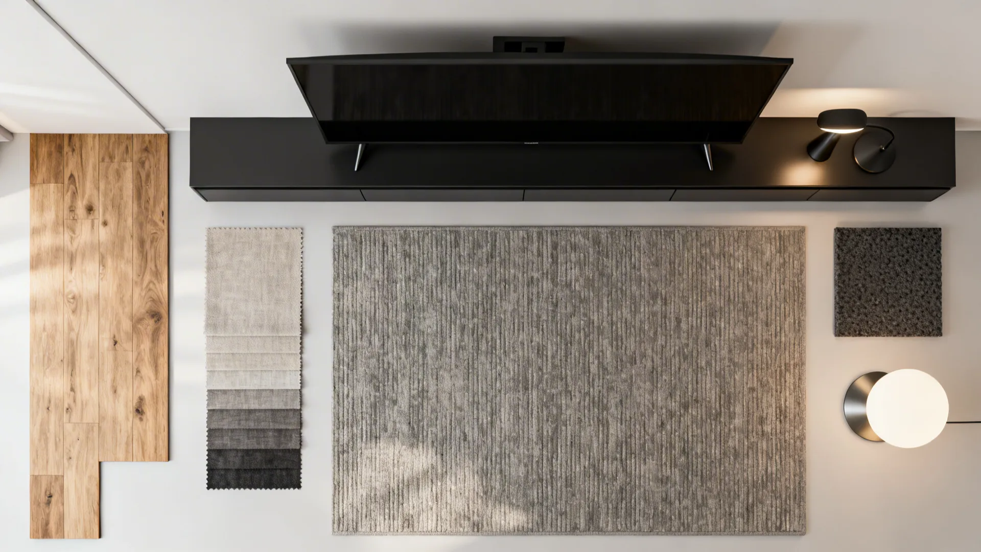 Interior design layout with grey rug, wood floor samples, fabric, table lamp, and black TV