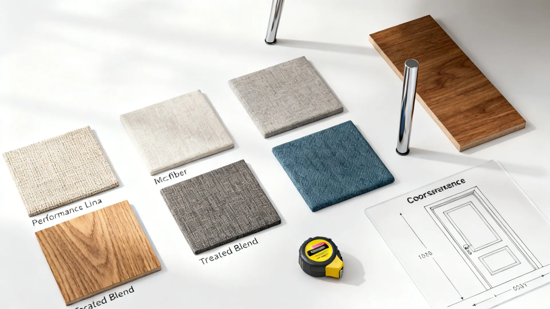Top-down flatlay of fabric swatches, wood and metal samples, and a tape measure for sectional planning.