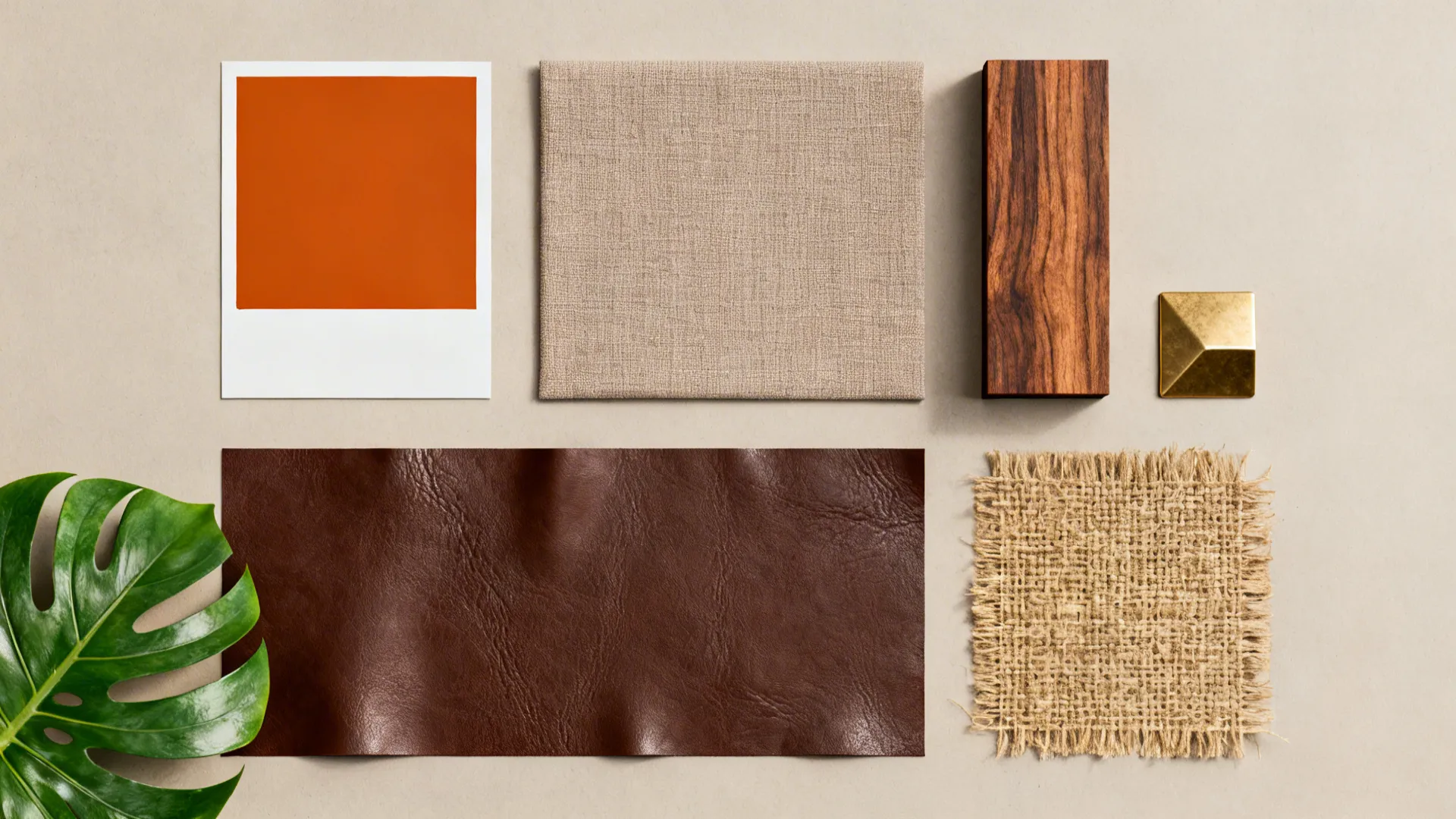 Flatlay of burnt orange, taupe, chocolate leather, walnut, brass and jute material samples