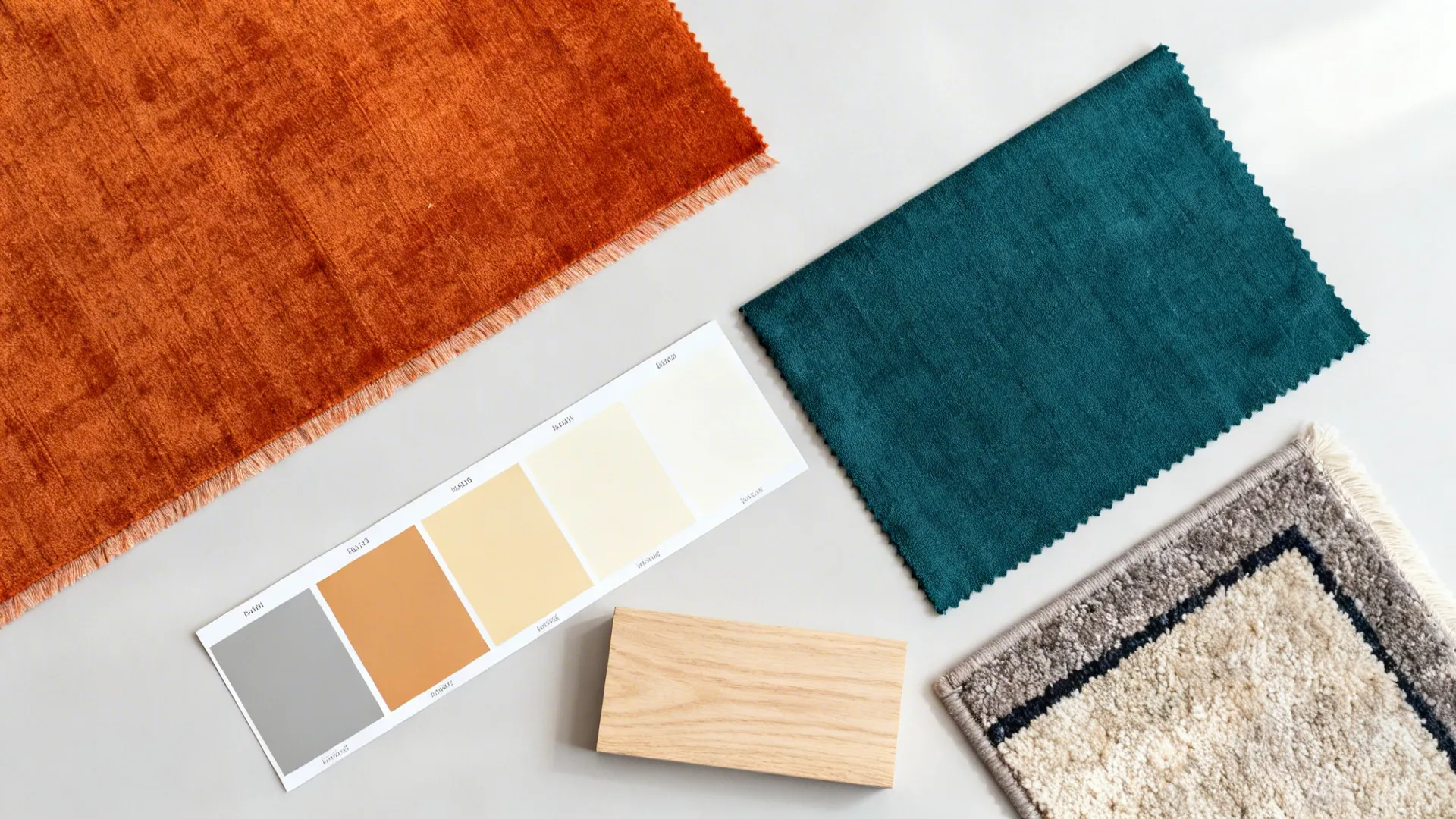 Top-down flatlay of burnt orange and complementary material and color samples for living room planning.