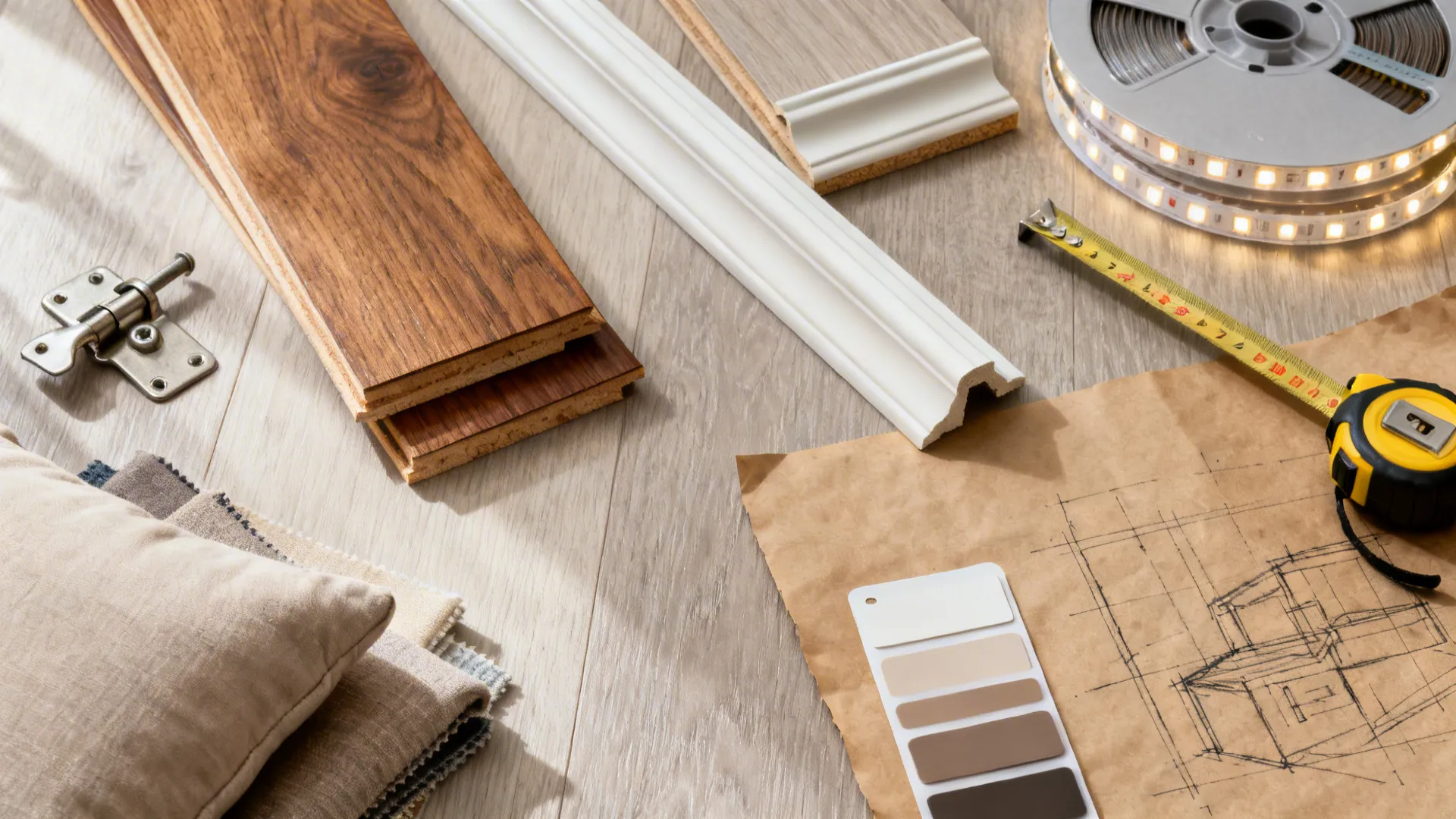Top-down view of material samples: hardwood, trim, LED strip, fabric swatches and measuring tools for planning a raised floor.