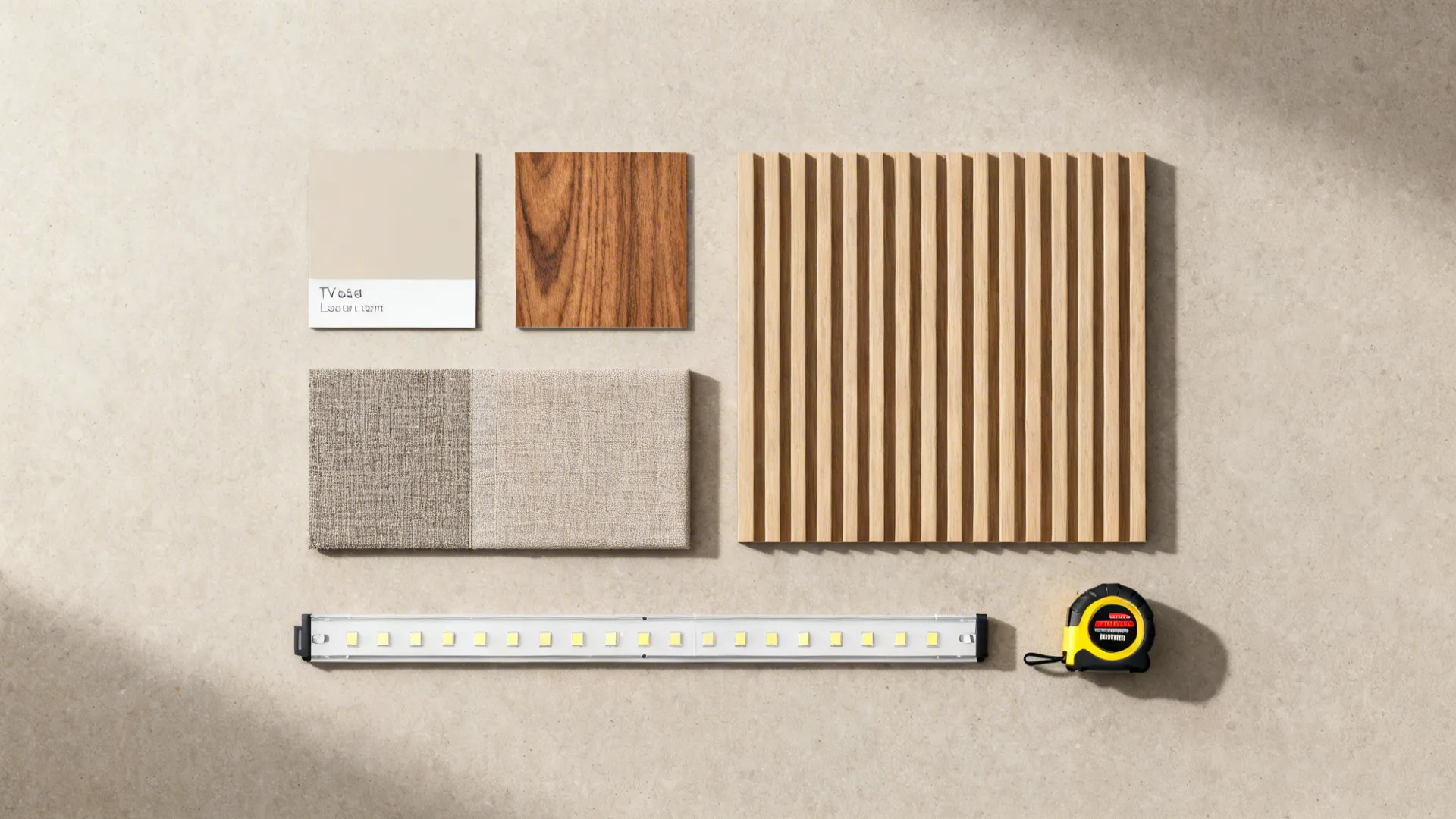 Material flatlay of paint chips, wood veneer, fabric swatch, acoustic sample and LED strip for living room planning.