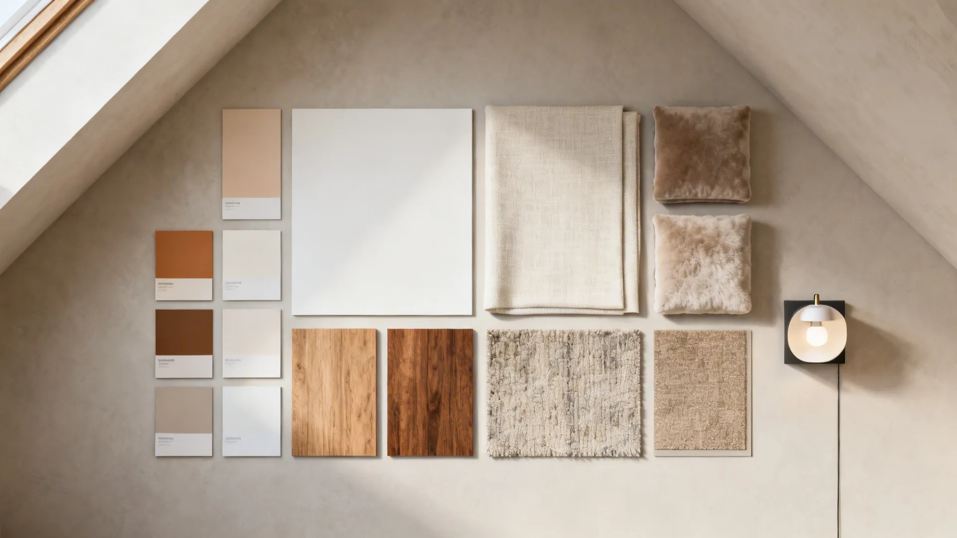 Flatlay of paint swatches, fabric samples and wood chips for vaulted living room palette