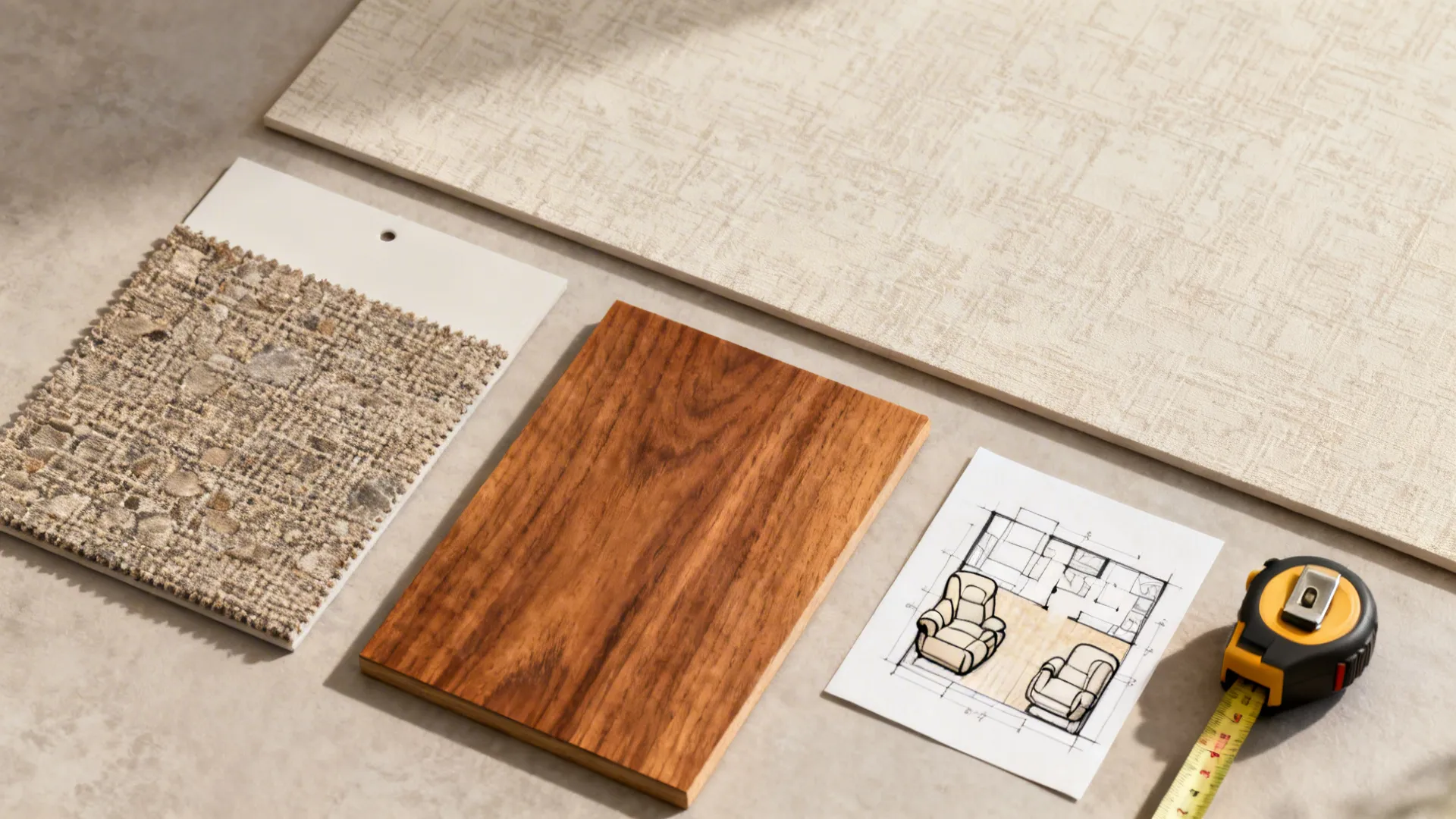 Flatlay of upholstery swatch, wood sample, wallpaper, and measuring tape for recliner planning