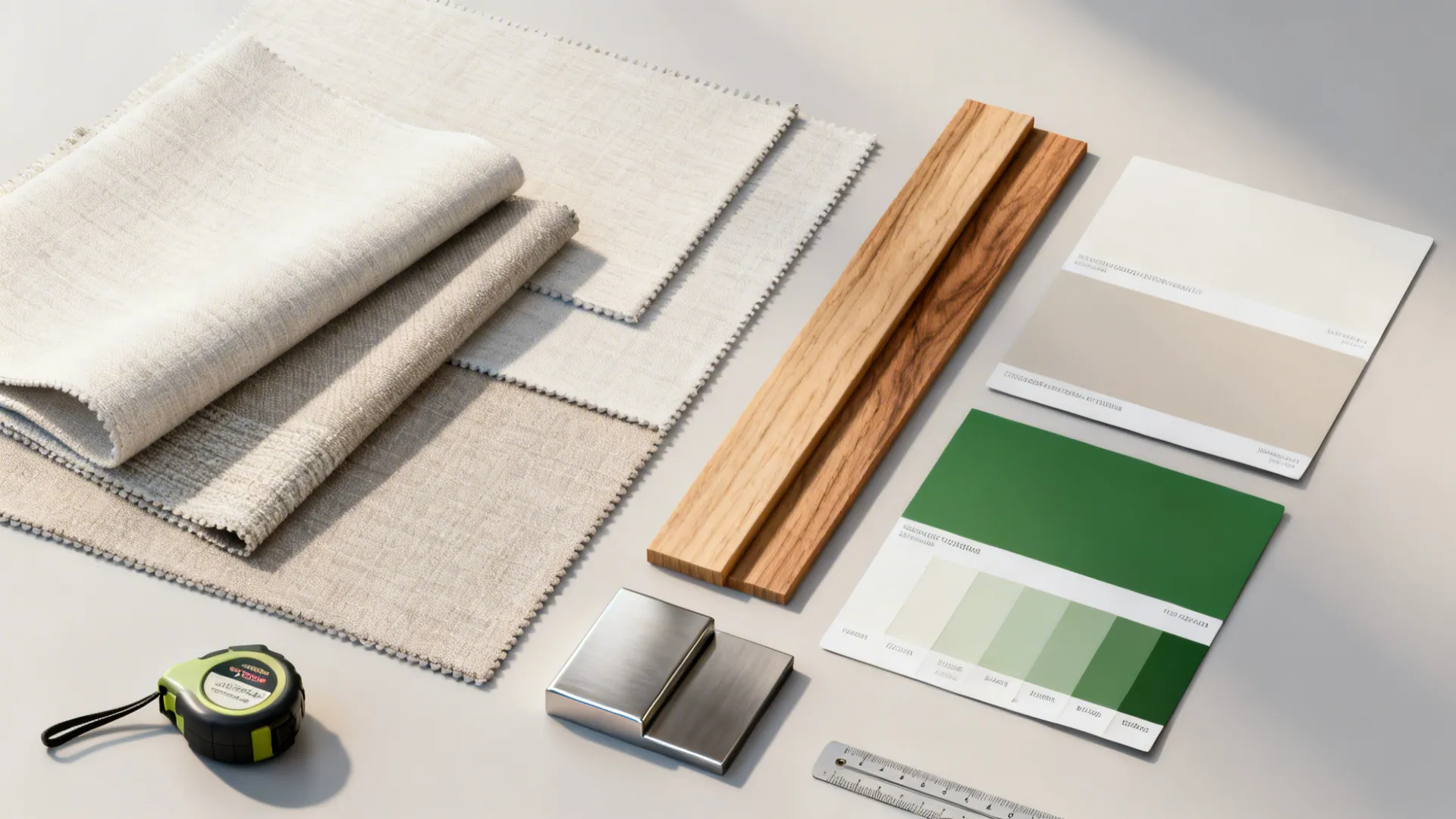 Flatlay of fabric swatches, paint chips and wood samples for a compact living-dining palette