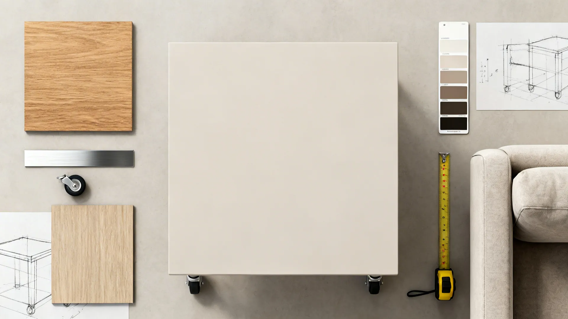 Flatlay of material samples, casters and a tape measure for choosing square table finishes
