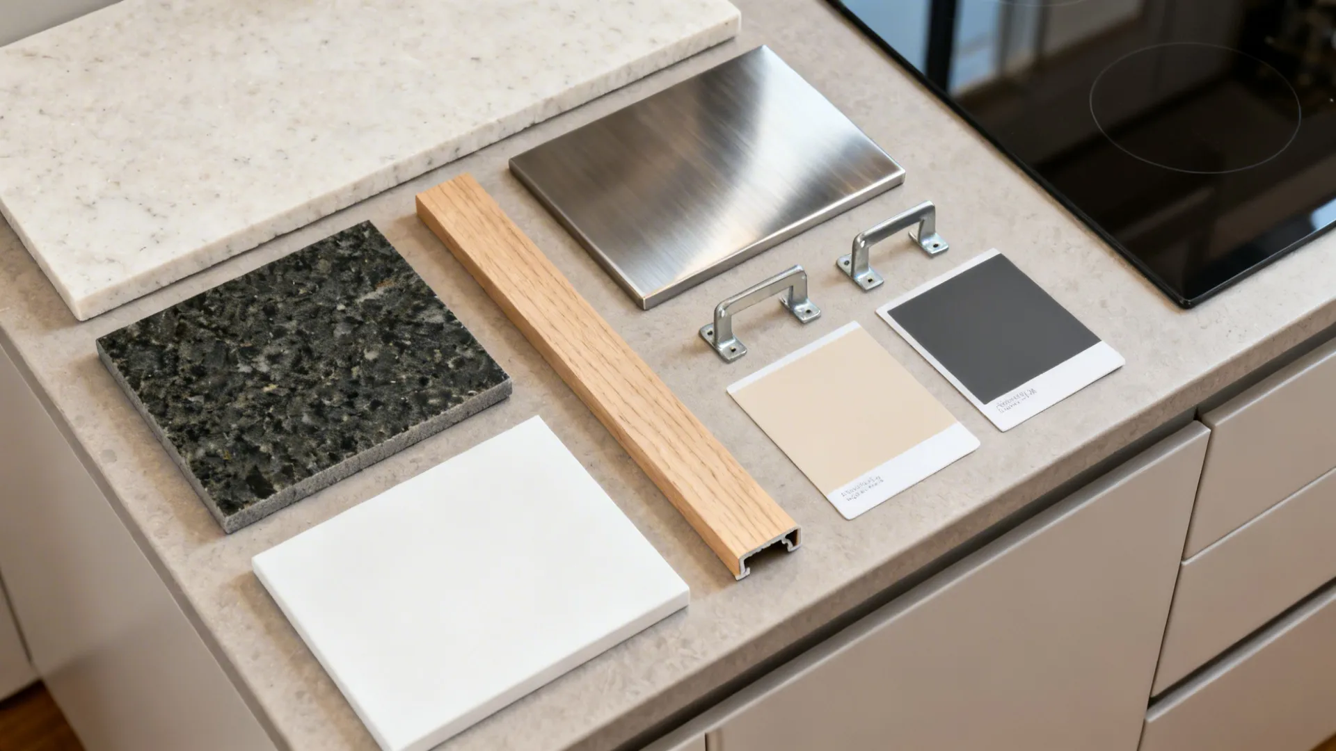 Top-down flat lay of quartz, granite, brushed steel, and warm neutral cabinet finishes for compact kitchens.
