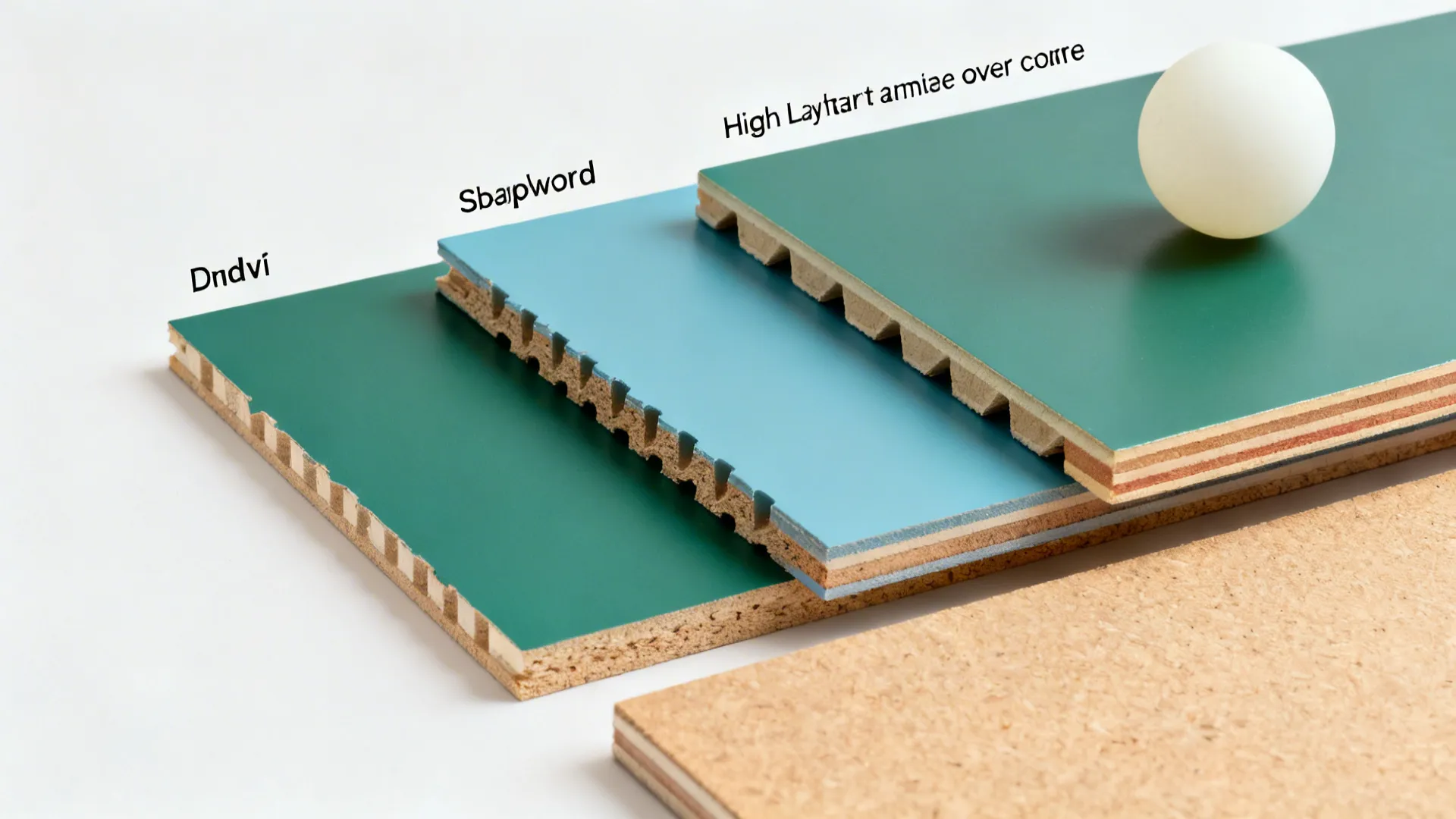 Flatlay comparing MDF, plywood, and laminate-faced samples with a ping pong ball
