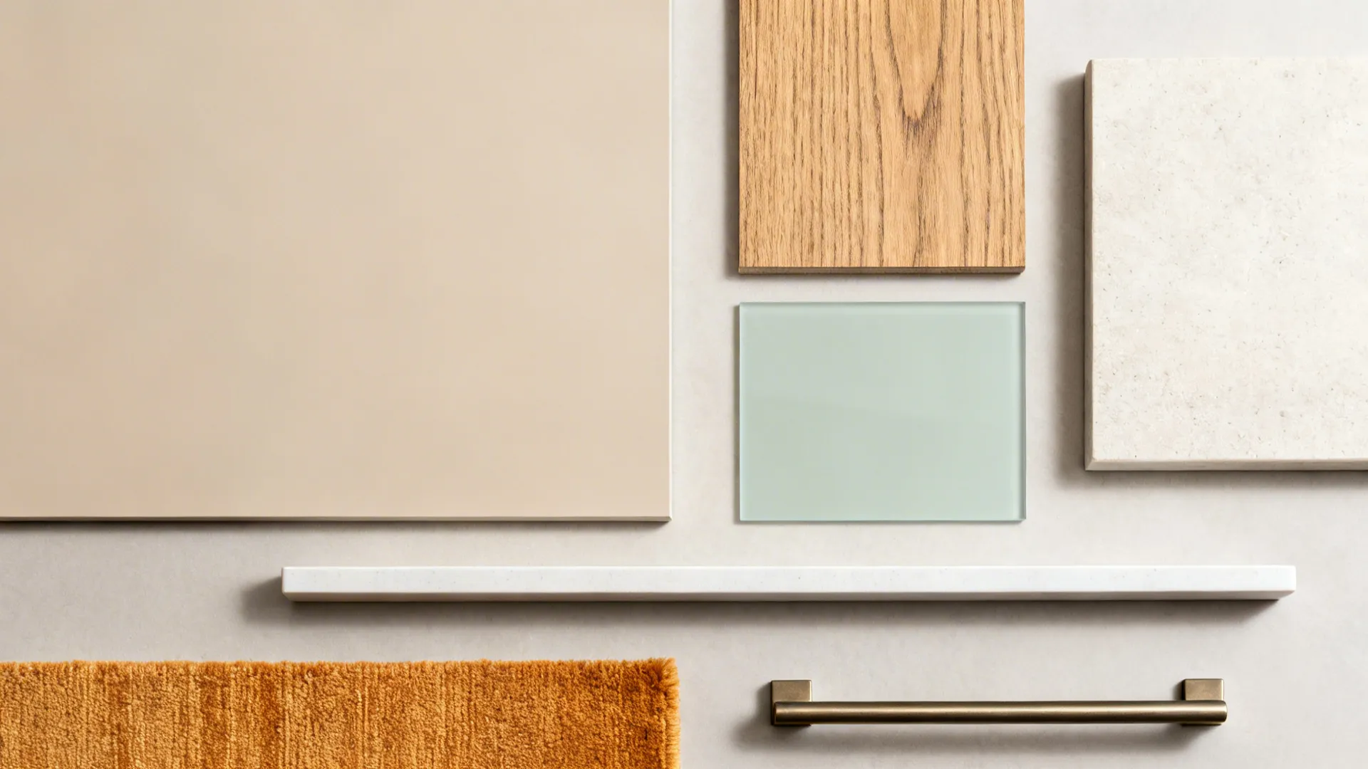 Material flatlay with matte beige laminate, rift-cut oak, sage glass, light stone porcelain, and warm rug fabric.