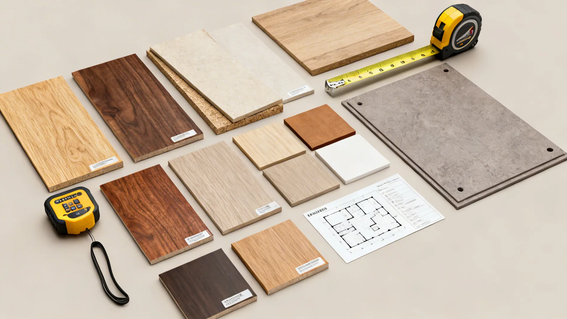 Flatlay of wood samples, tools and finish swatches for accent wall planning.