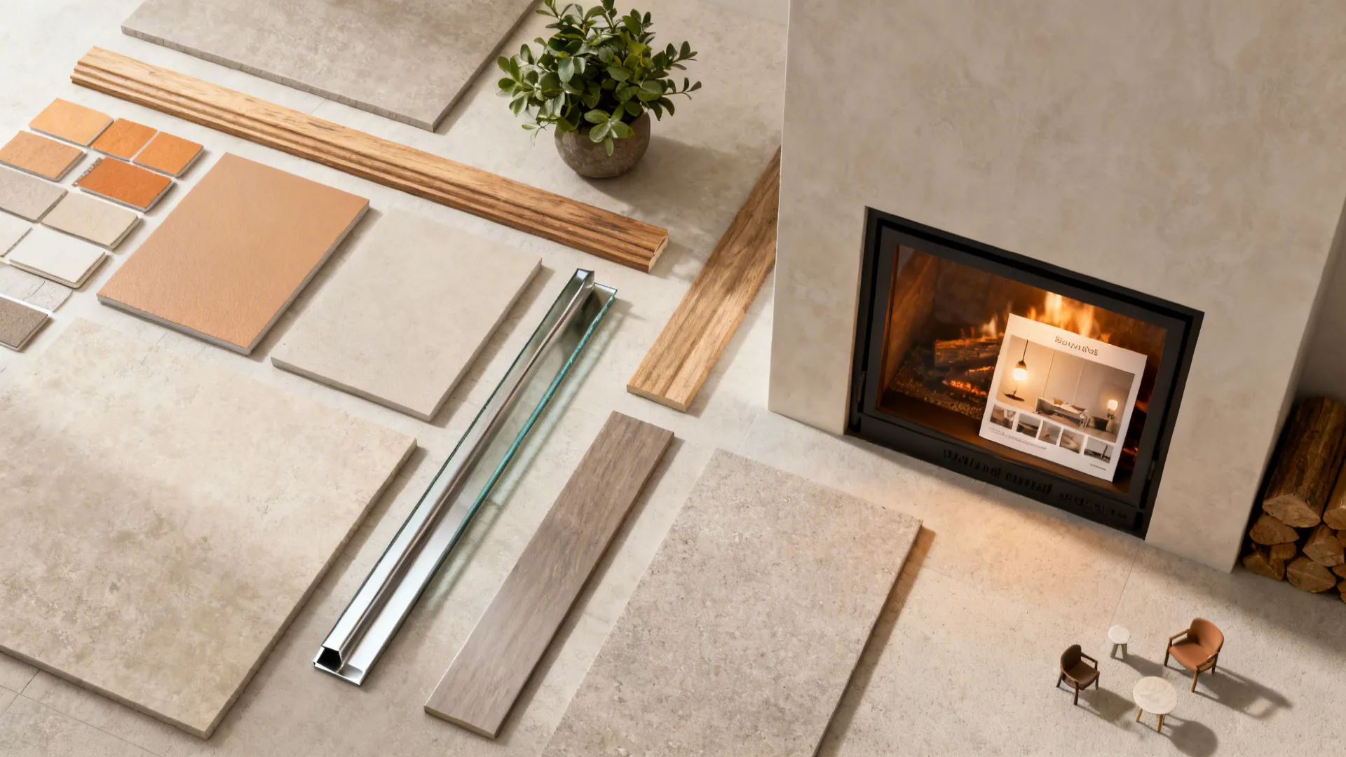 Material flatlay with warm neutral swatches, wood samples and trim for a small fireplace area