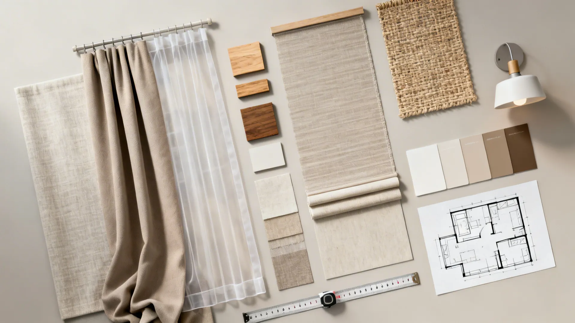 Interior design flat lay with fabric samples wood blocks floor plan ruler and wall light