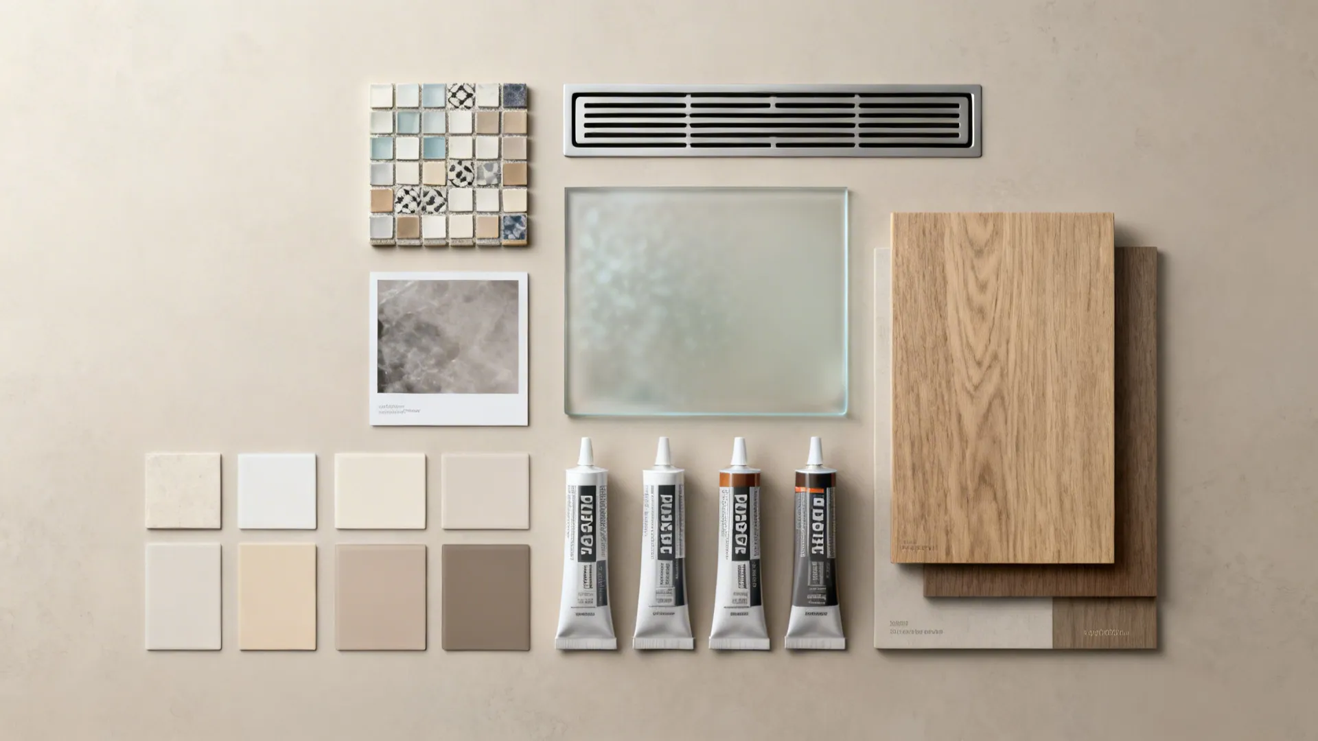 Material flatlay of mosaic tile, patterned tile chip, frosted glass swatch, and linear drain sample for a small shower.