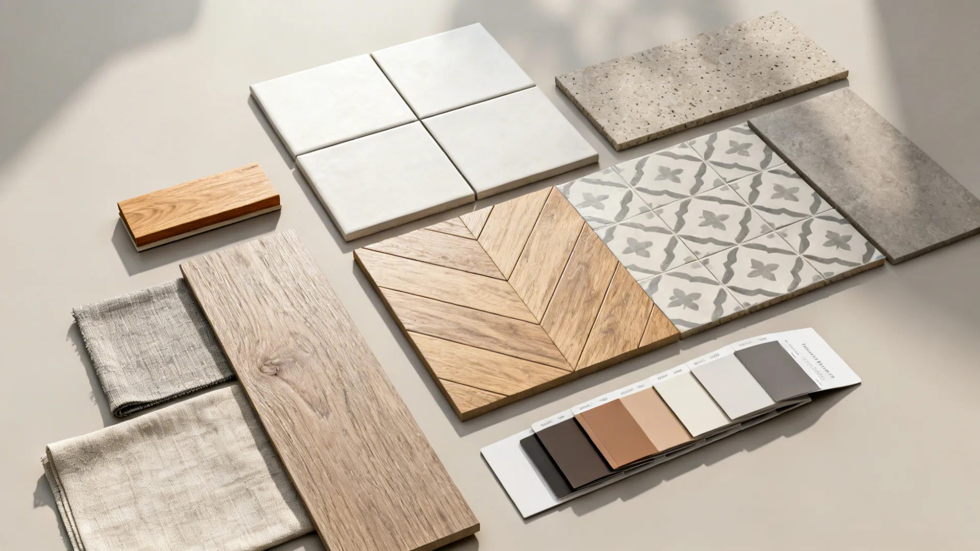 Flatlay of flooring and material samples including oak, porcelain, vinyl, and encaustic-look tile swatches.