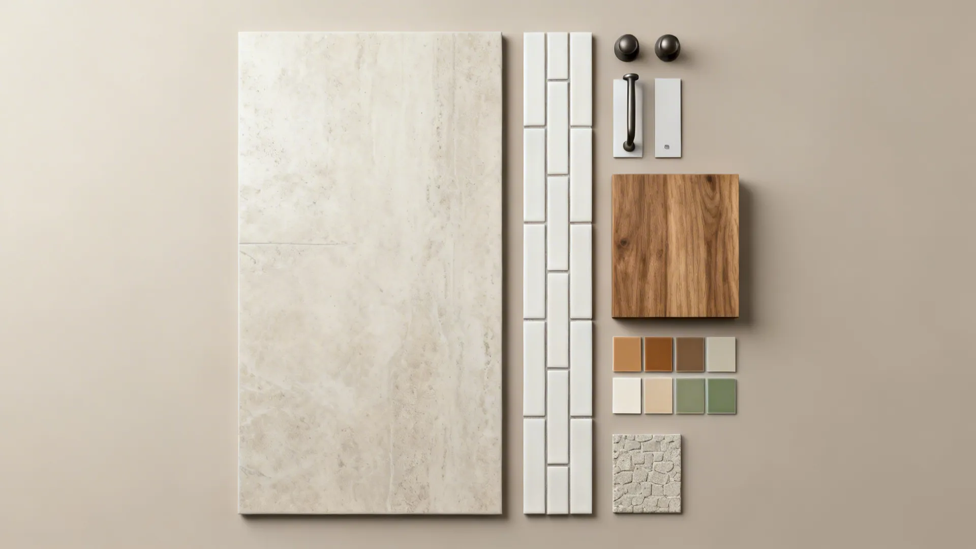 Flatlay of bathroom material samples including tiles, wood finishes and hardware swatches