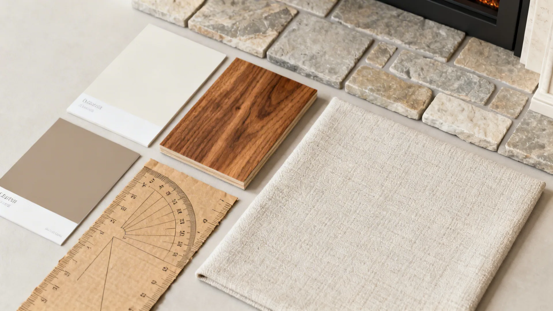 Flatlay of material swatches, wood veneers and kraft paper mock-up for corner fireplace design