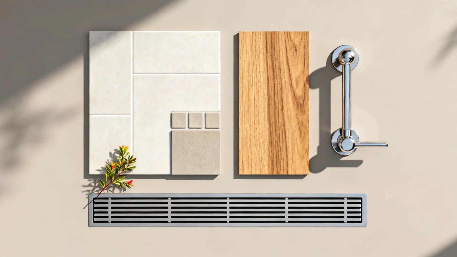 Material flatlay with tile, grout, wood veneer, chrome hardware, and linear drain sample.