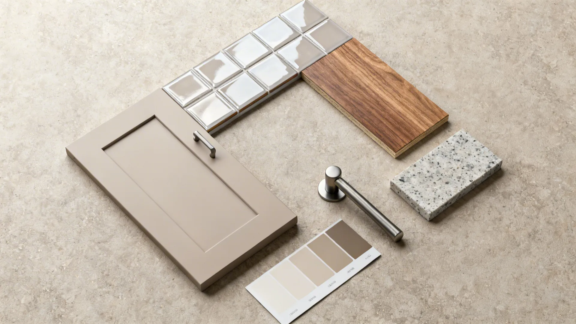Flatlay of cabinet, backsplash, countertop, wood and hardware samples for a small kitchen refresh.