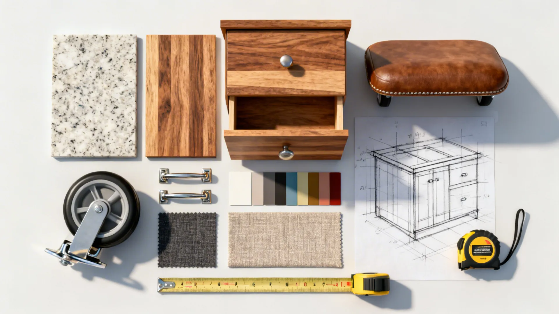Flatlay of material samples and hardware for designing a small kitchen island, including quartz, butcher block, and caster.