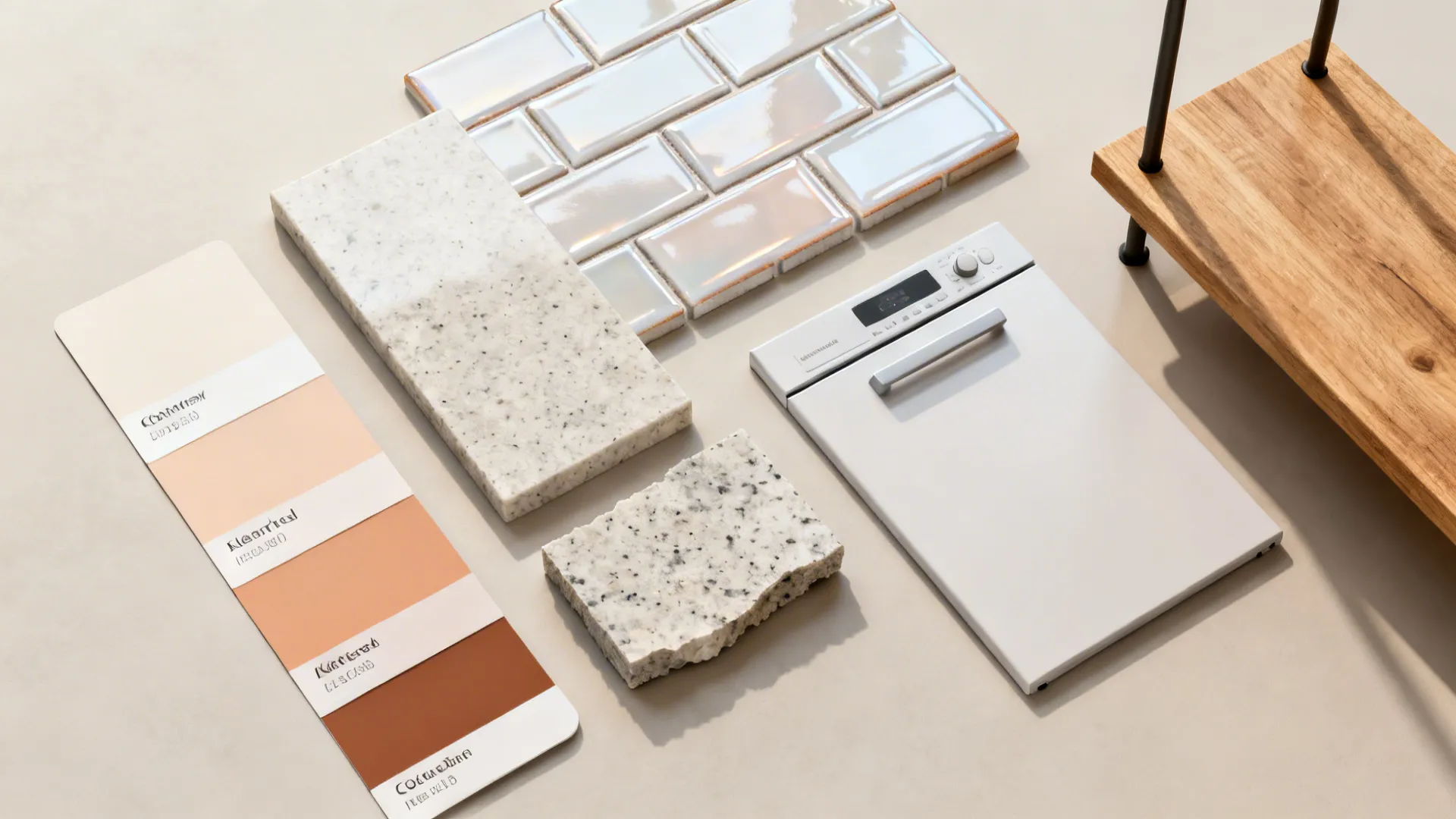 Flatlay of paint swatches, tile and countertop samples for a budget-friendly small kitchen refresh.