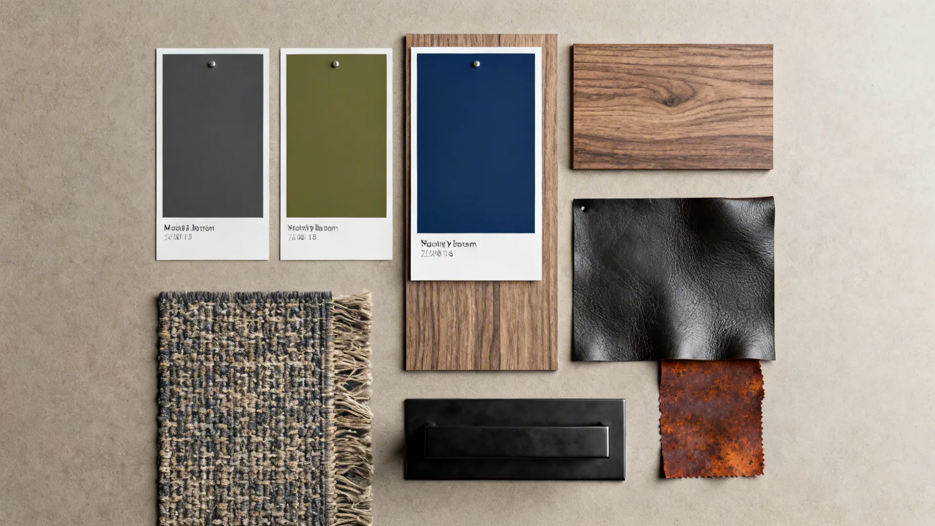 Interior design material board with colorful swatches wood samples leather fabric and black metal handle