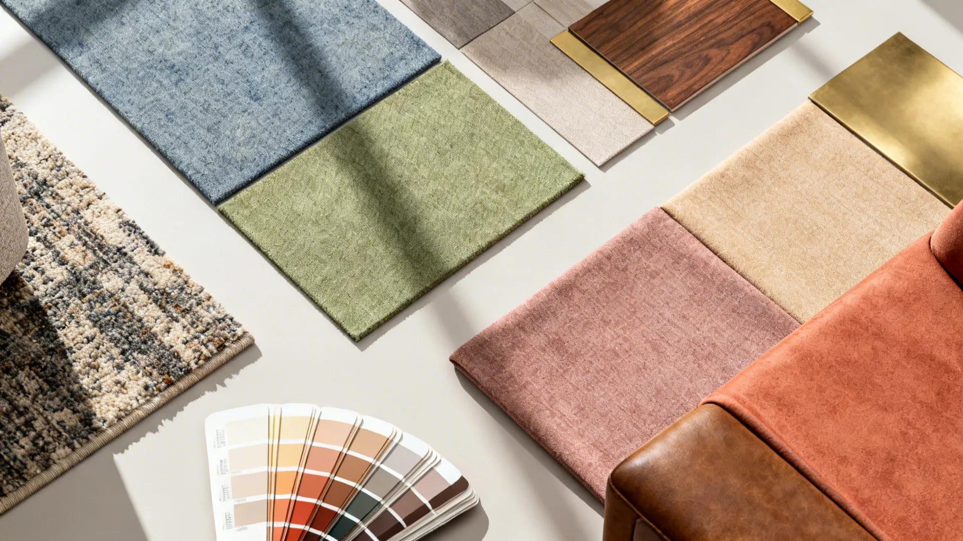 Flatlay of fabric and finish swatches for pairing with brown furniture