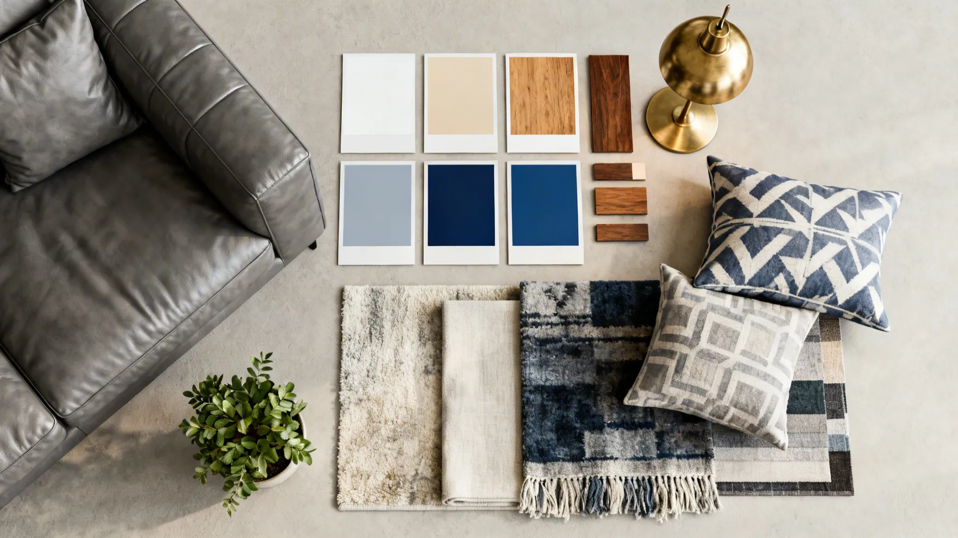 Interior design material board with color swatches, wood samples, rugs, pillows, and a small plant