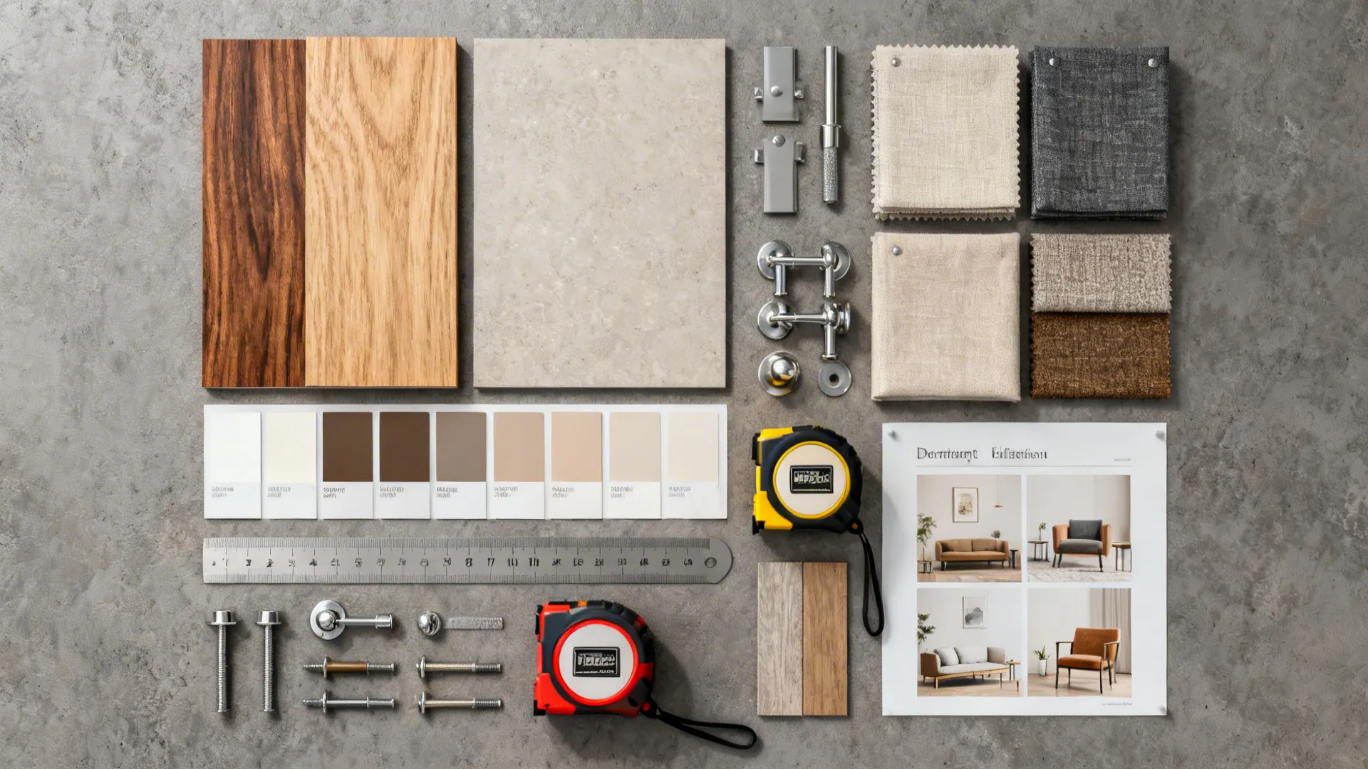 Top-down flatlay of material samples and paint chips for a compact apartment renovation