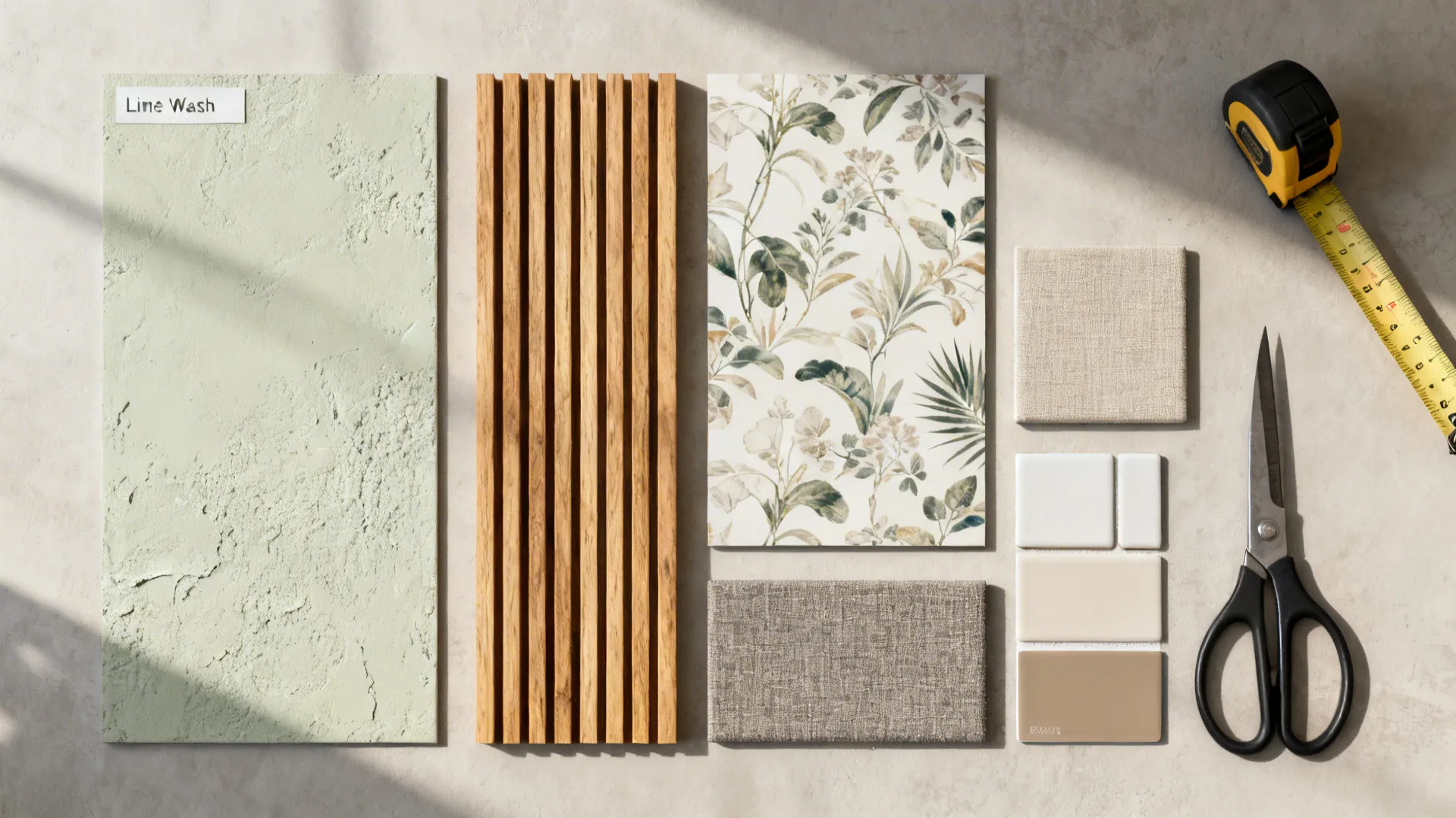 Flatlay of wall finish samples including plaster, timber slat, wallpaper, tile and fabric swatches.
