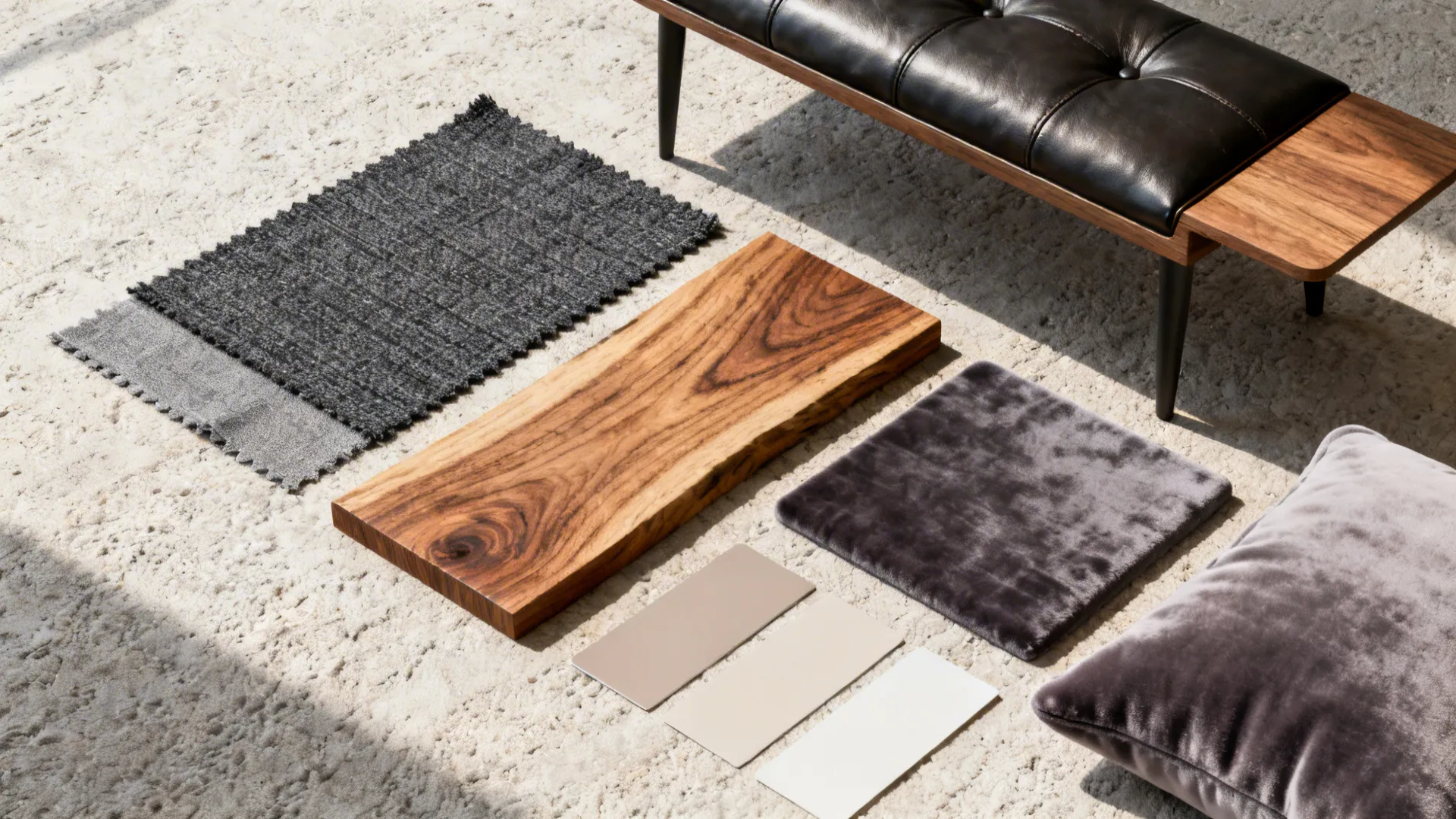 Flatlay of charcoal fabric, leather, timber samples and velvet swatch for bedroom materials.