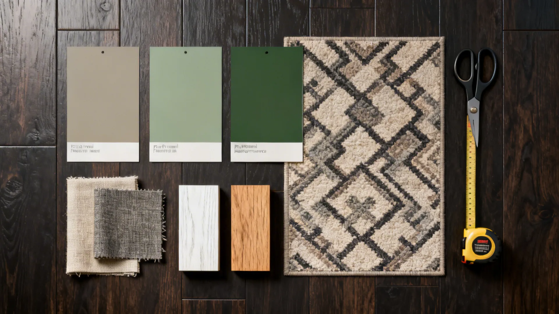 Flatlay of paint and fabric swatches, wood samples and rug pattern for dark floors.