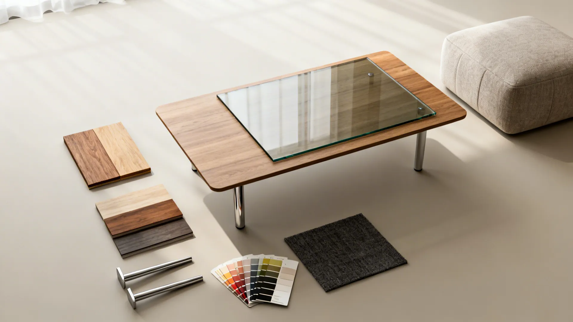 Interior design layout showing wood table glass top color swatches metal legs and fabric footrest