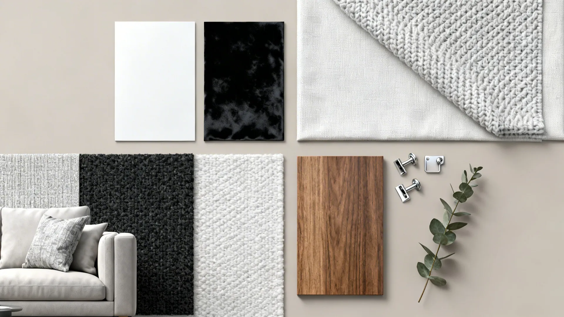 Flatlay of fabric swatches, wood and silver hardware samples for a monochrome palette