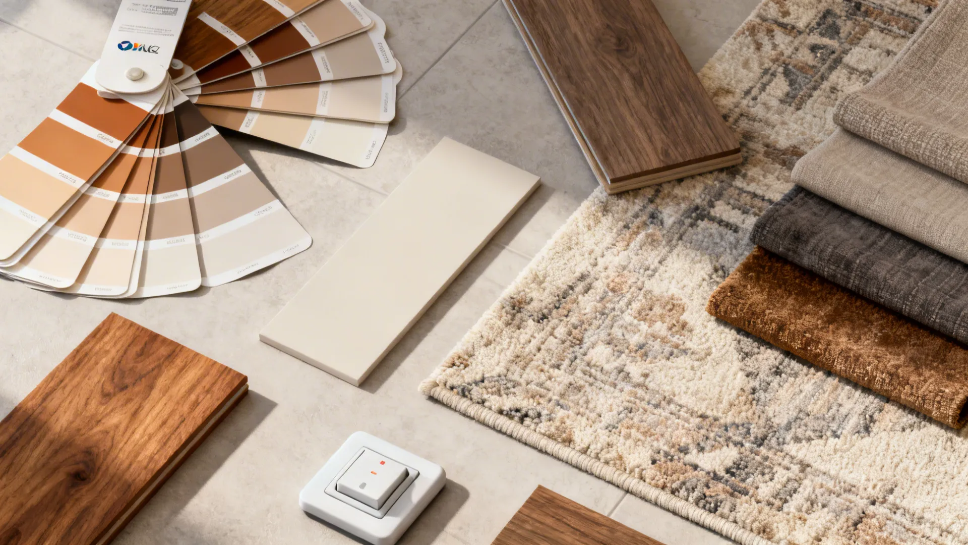 Flatlay of paint swatches, wood samples, fabric swatches and a dimmer showcasing material choices for a cozy high-ceiling room.