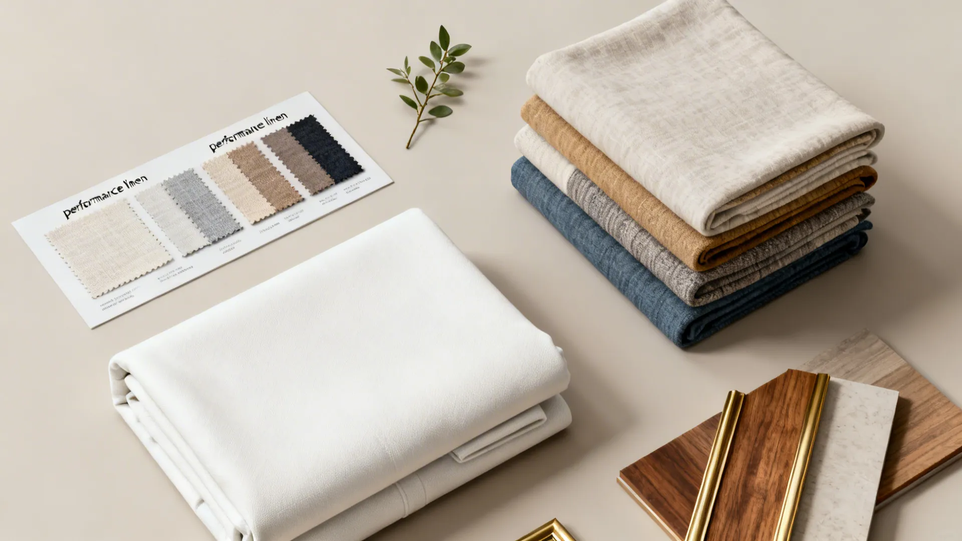 Flatlay of fabric swatches, slipcover and trim samples for styling a white sofa.