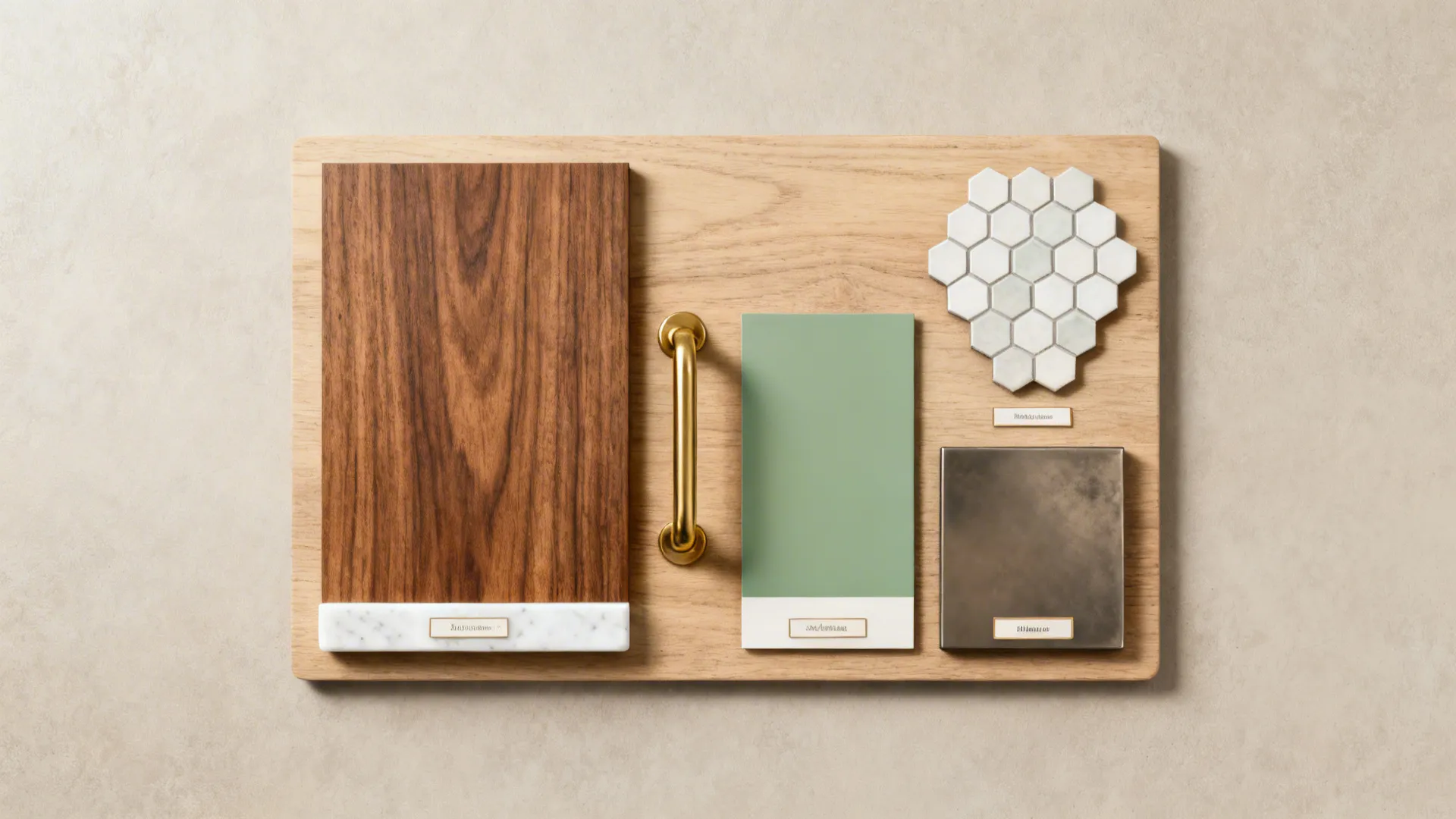 Material flatlay showing walnut veneer, quartz, brass pull, tile and paint swatches for a mid-century bathroom.
