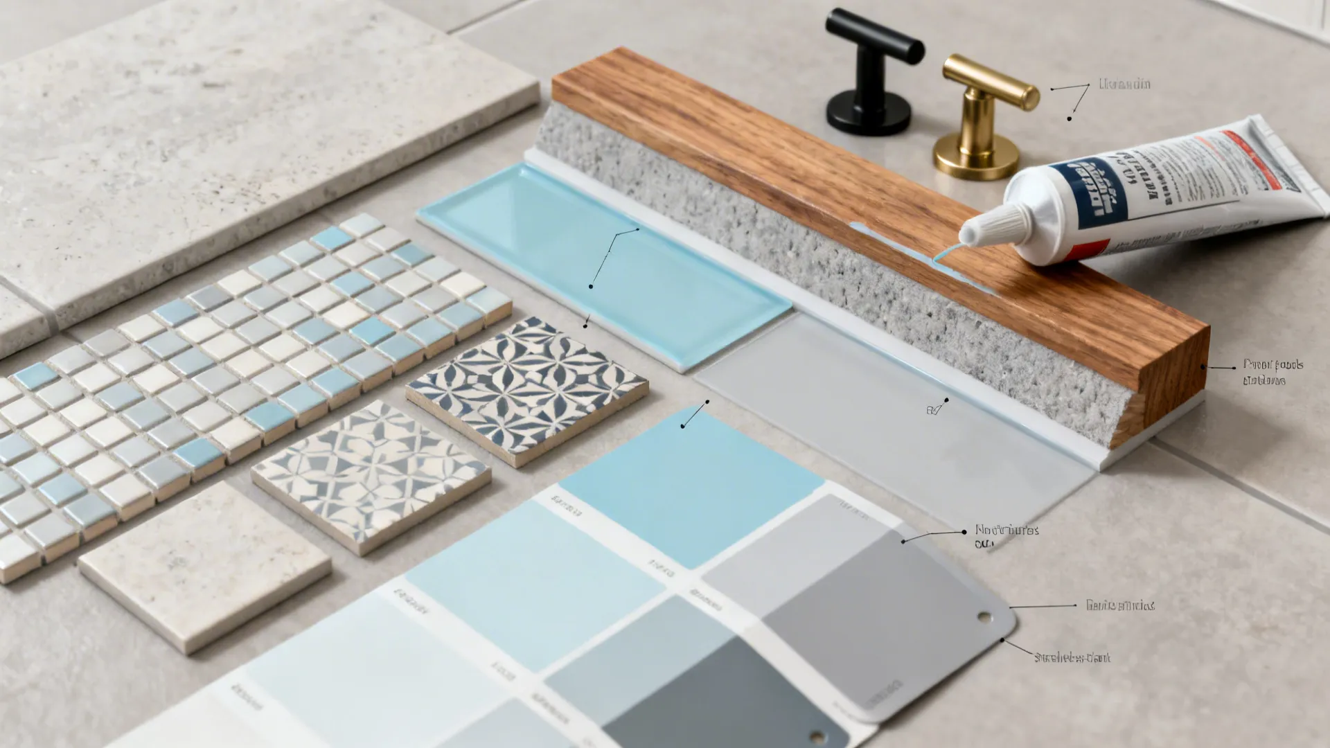 Flatlay of tile, grout, wood trim and hardware samples for bathroom planning
