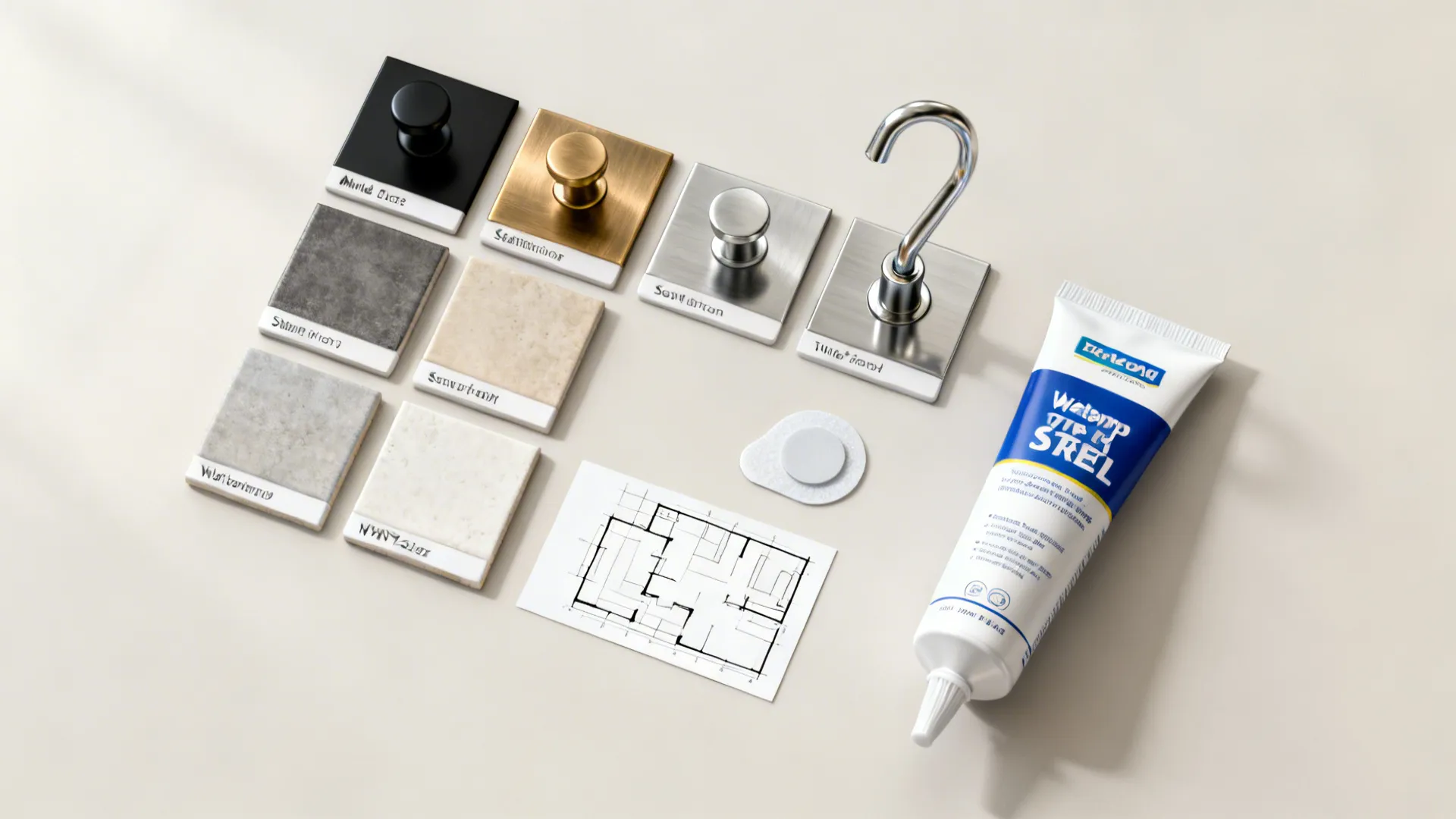 Material samples including tiles metal knobs floor plan drawing and a tube of white glue