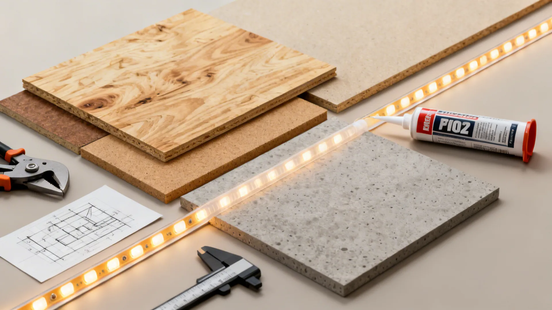Wood samples stone tiles led light strips glue and tools with a home renovation sketch