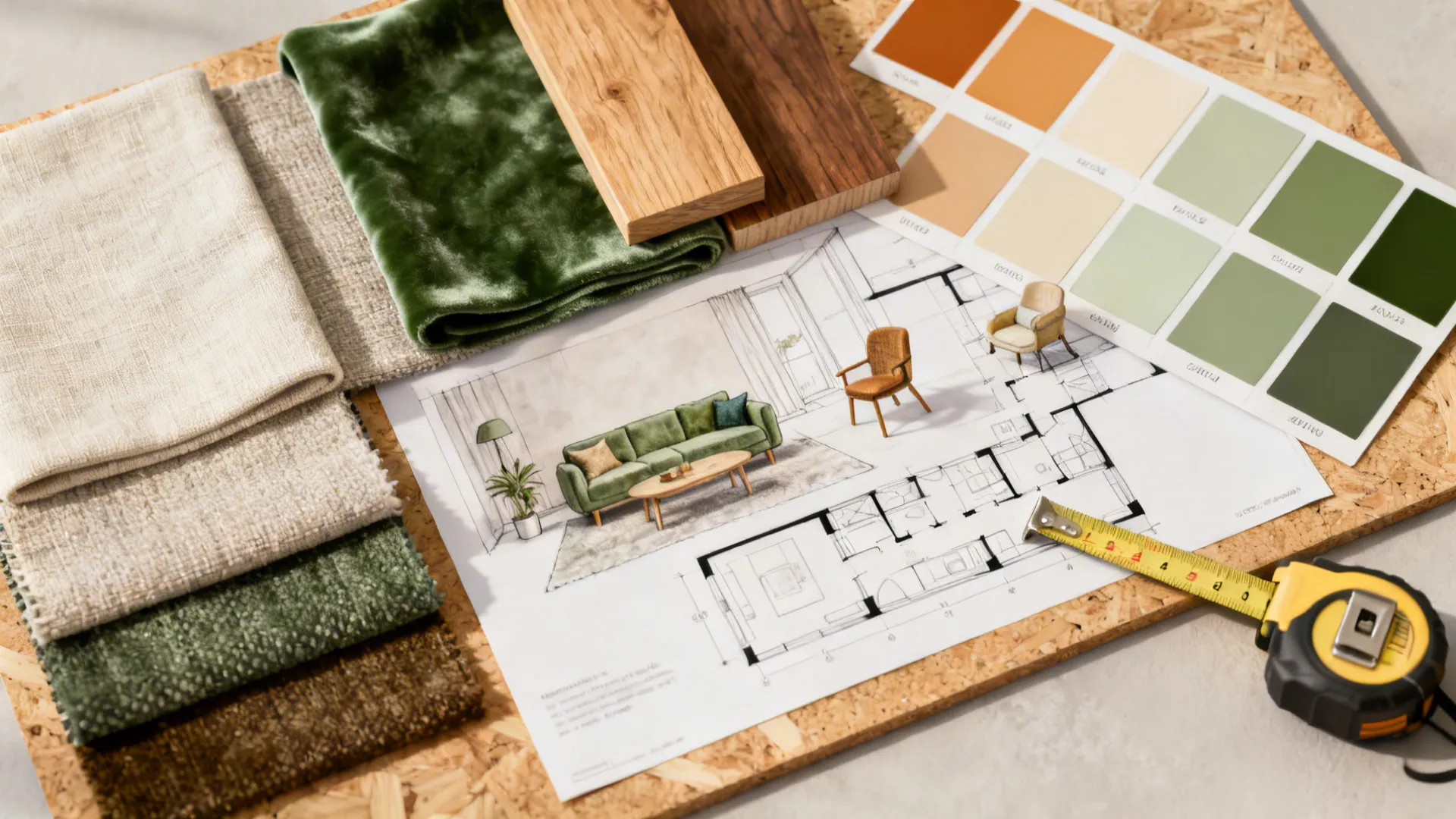 Top-down material board with fabric swatches, wood samples, paint chips and a small floor plan for small living room planning