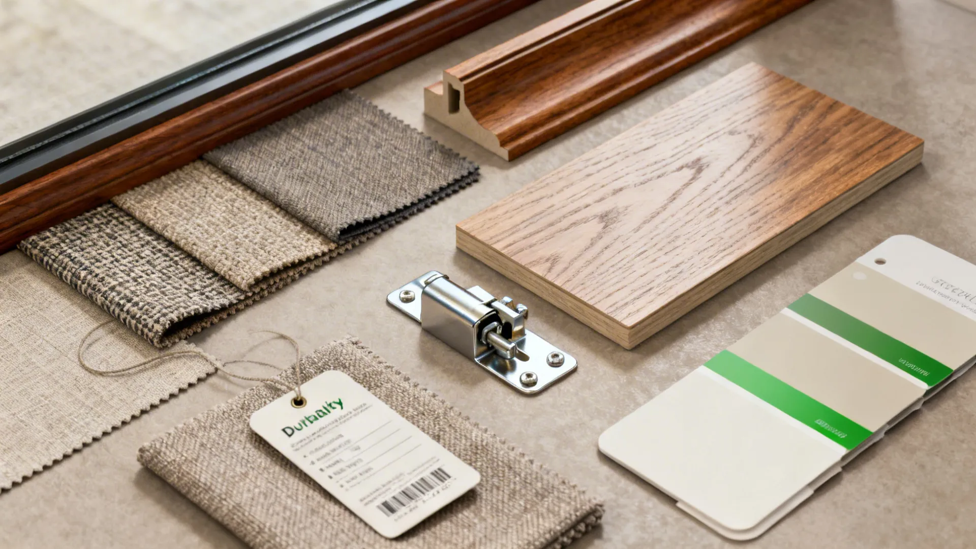 Flatlay of upholstery swatches, wood and laminate samples, and hardware for bay window built-ins