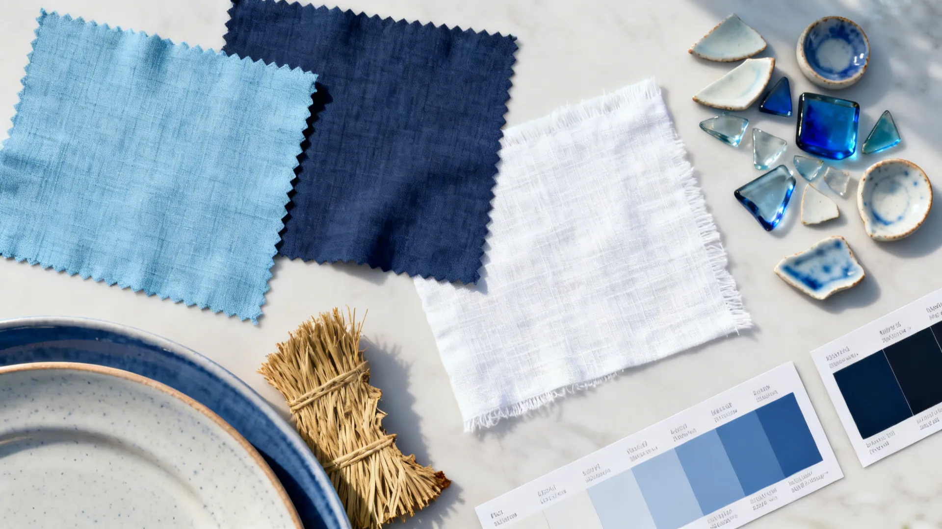 Flatlay of blue and white fabric swatches, glaze samples and seagrass charger