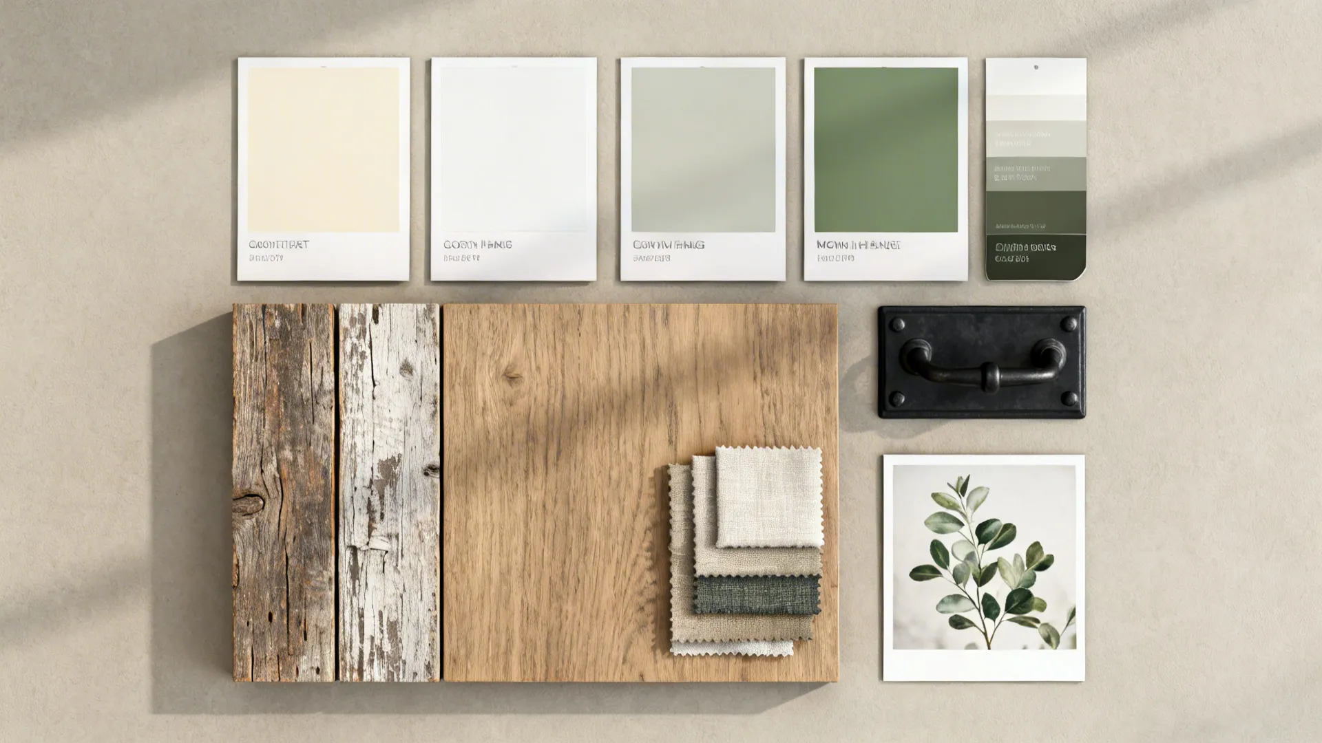 Flatlay of paint swatches, wood samples, and fabric chips for modern farmhouse design