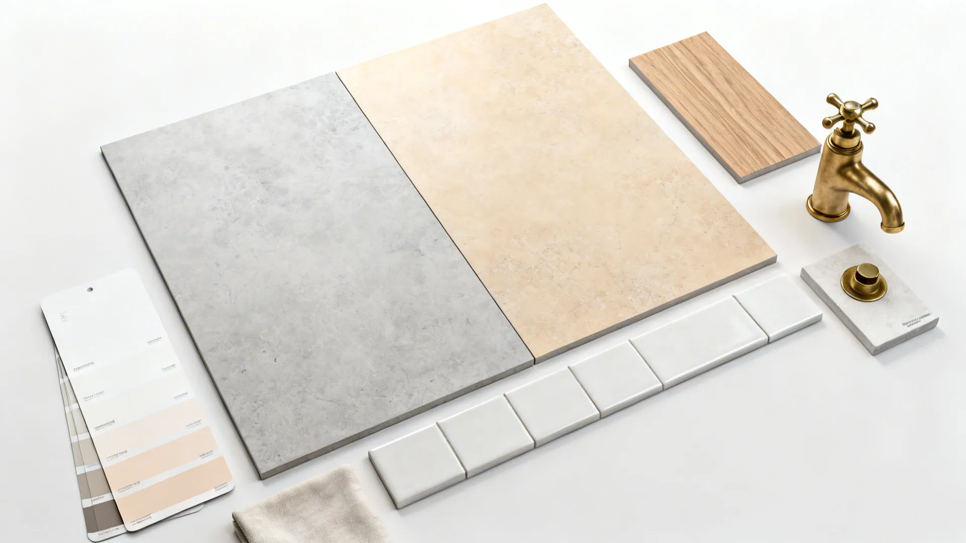Flatlay of large-format tile, paint swatches, wood veneer, and brass finish samples for a small bathroom remodel.