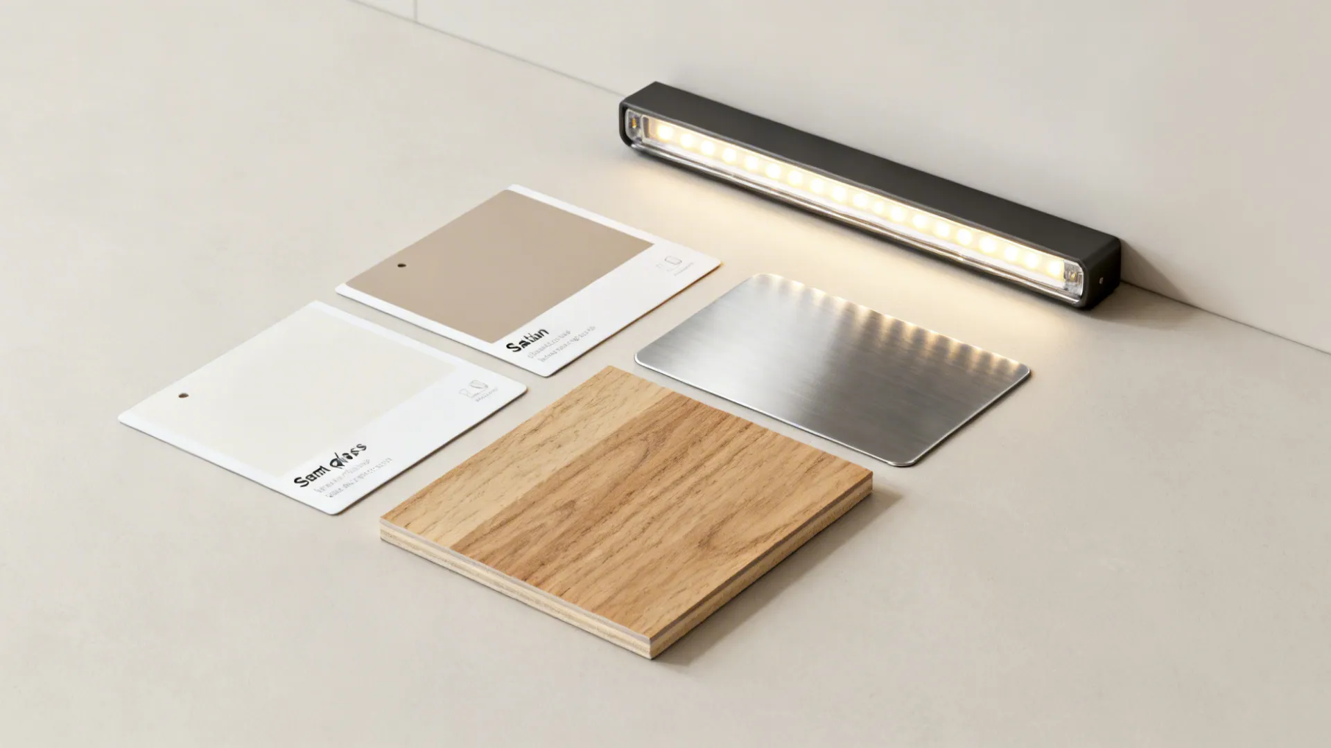 Flatlay of paint finish cards, wood and metal samples, and lighting sample for kitchens
