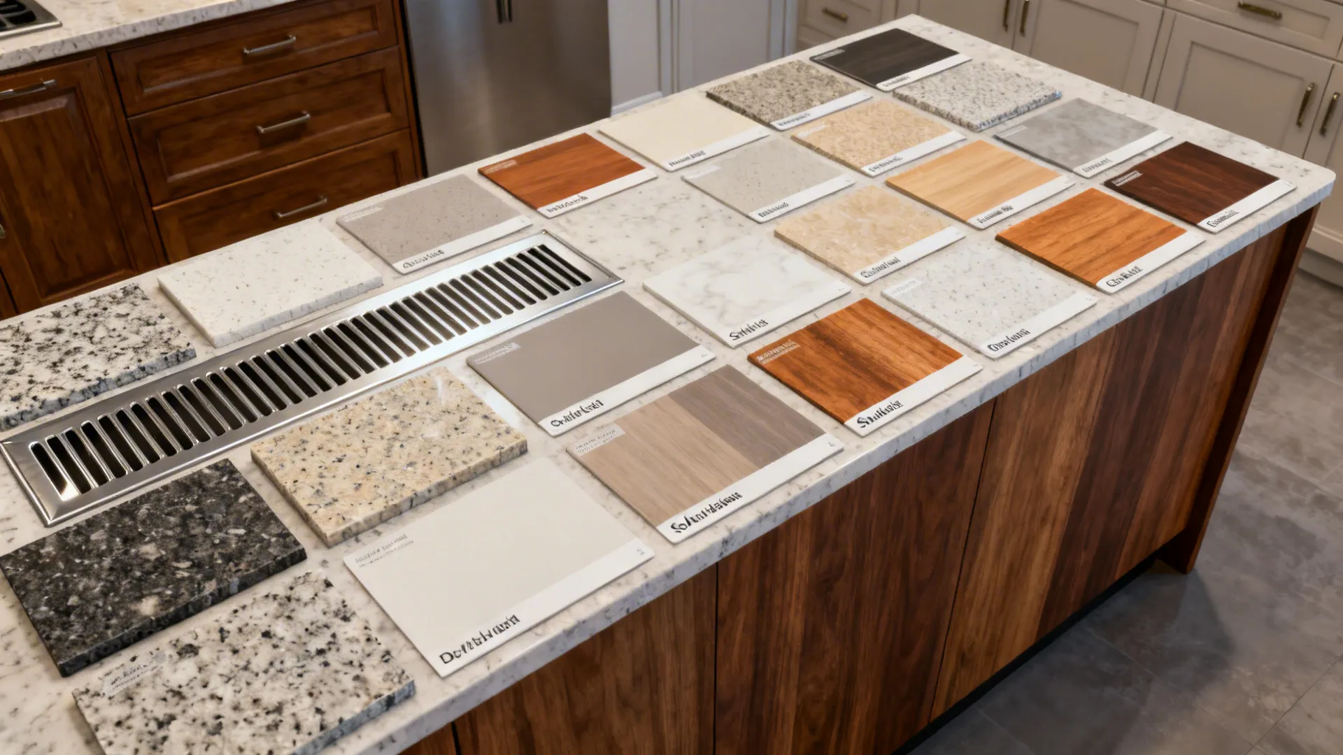 Top-down flatlay of material swatches and color chips for durable island surfaces and vent trims