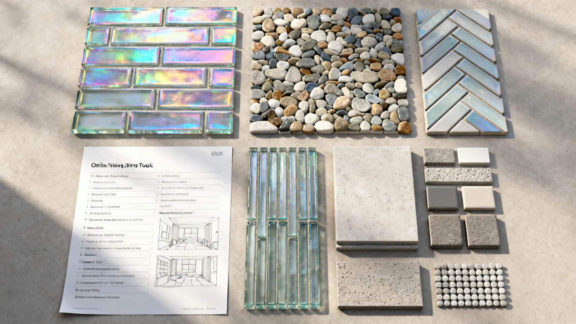 Flatlay of glass tile samples, grout swatches, and printed resource list for room planners.