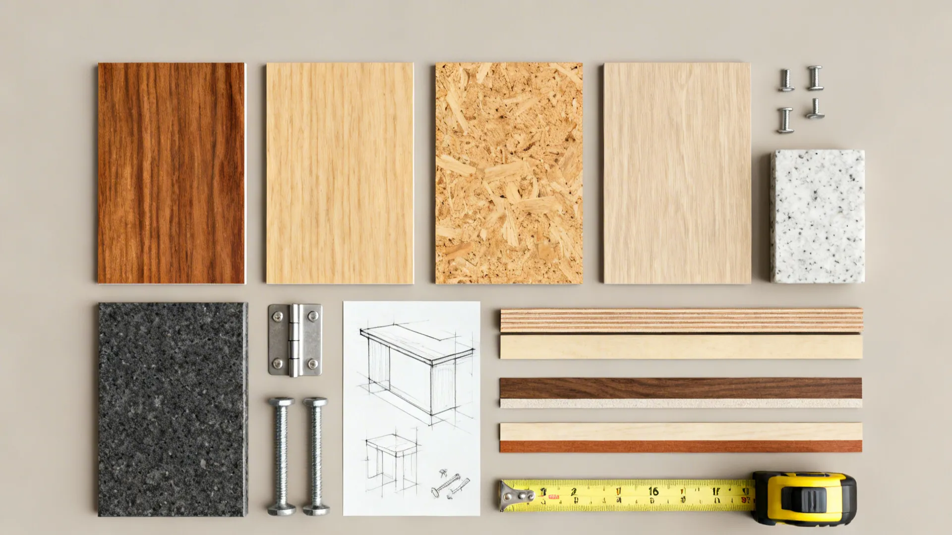 Flatlay of material samples and hardware for building a wall-mounted breakfast bar