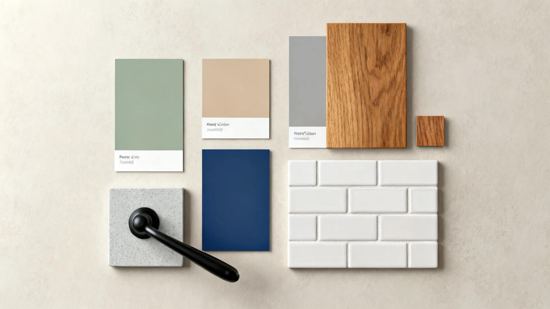 Flatlay of paint chips, hardware, quartz and tile samples curated for updating honey oak cabinets.