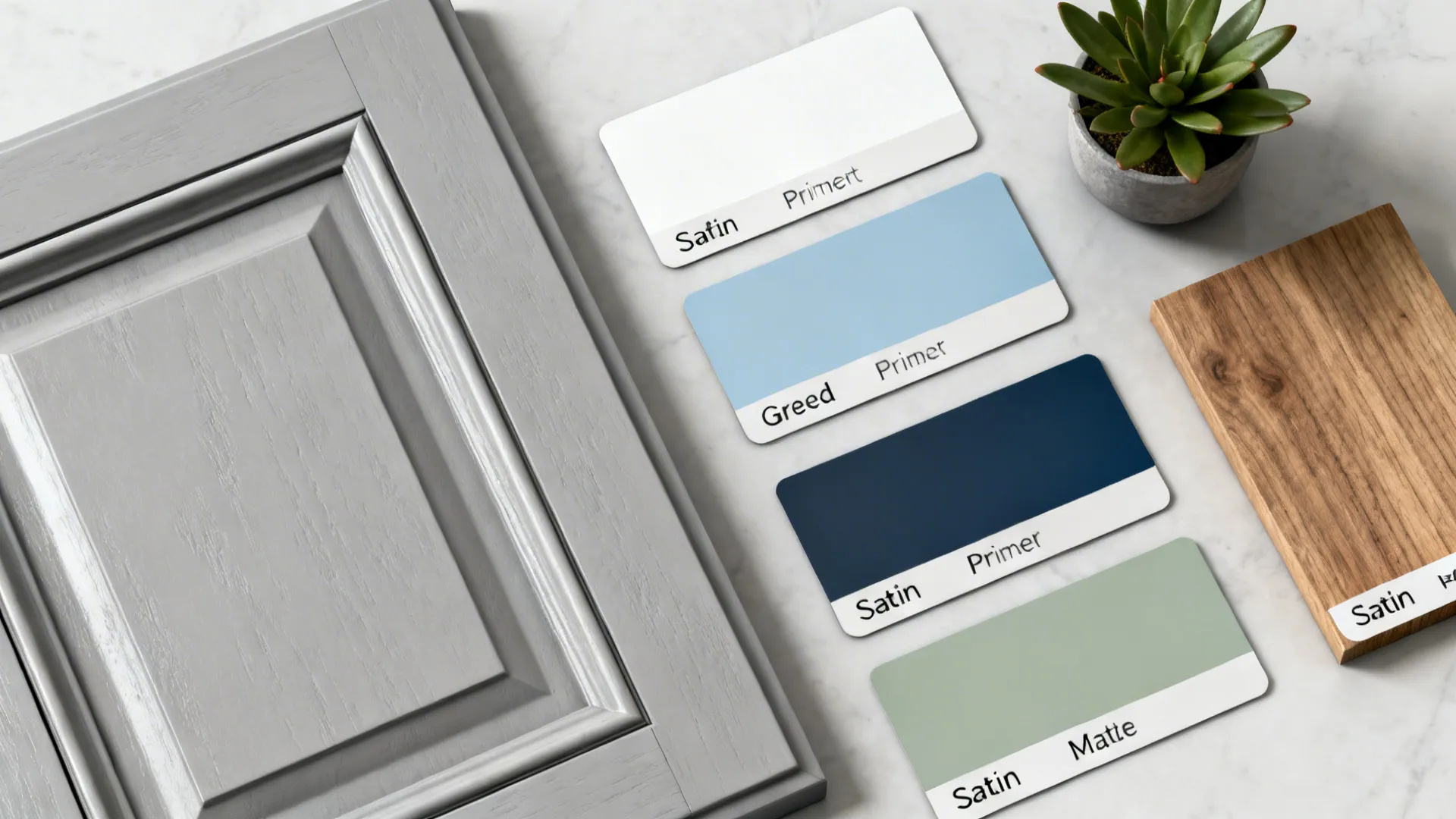 Flatlay of gray cabinet sample, paint chips, wood swatch, and plant illustrating color and finish choices.